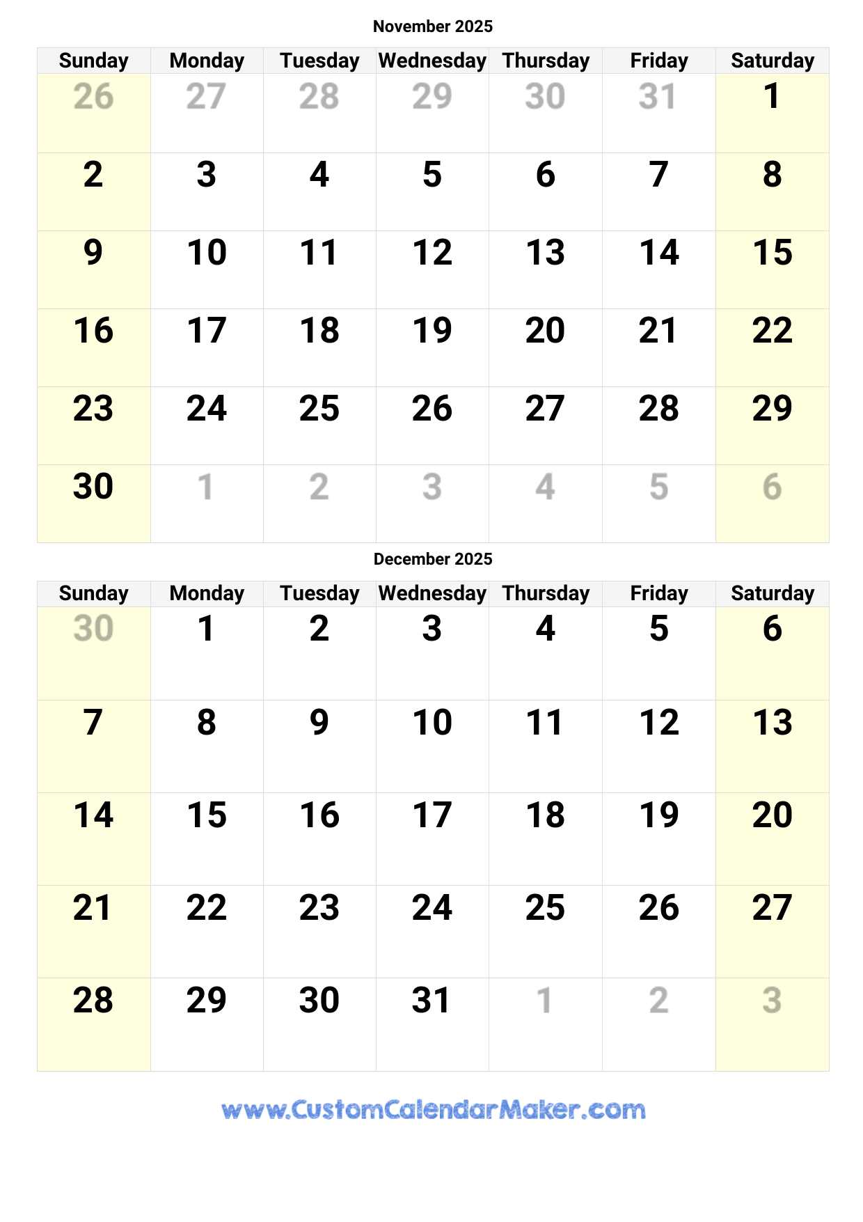 November December 2025 Calendar With Holidays