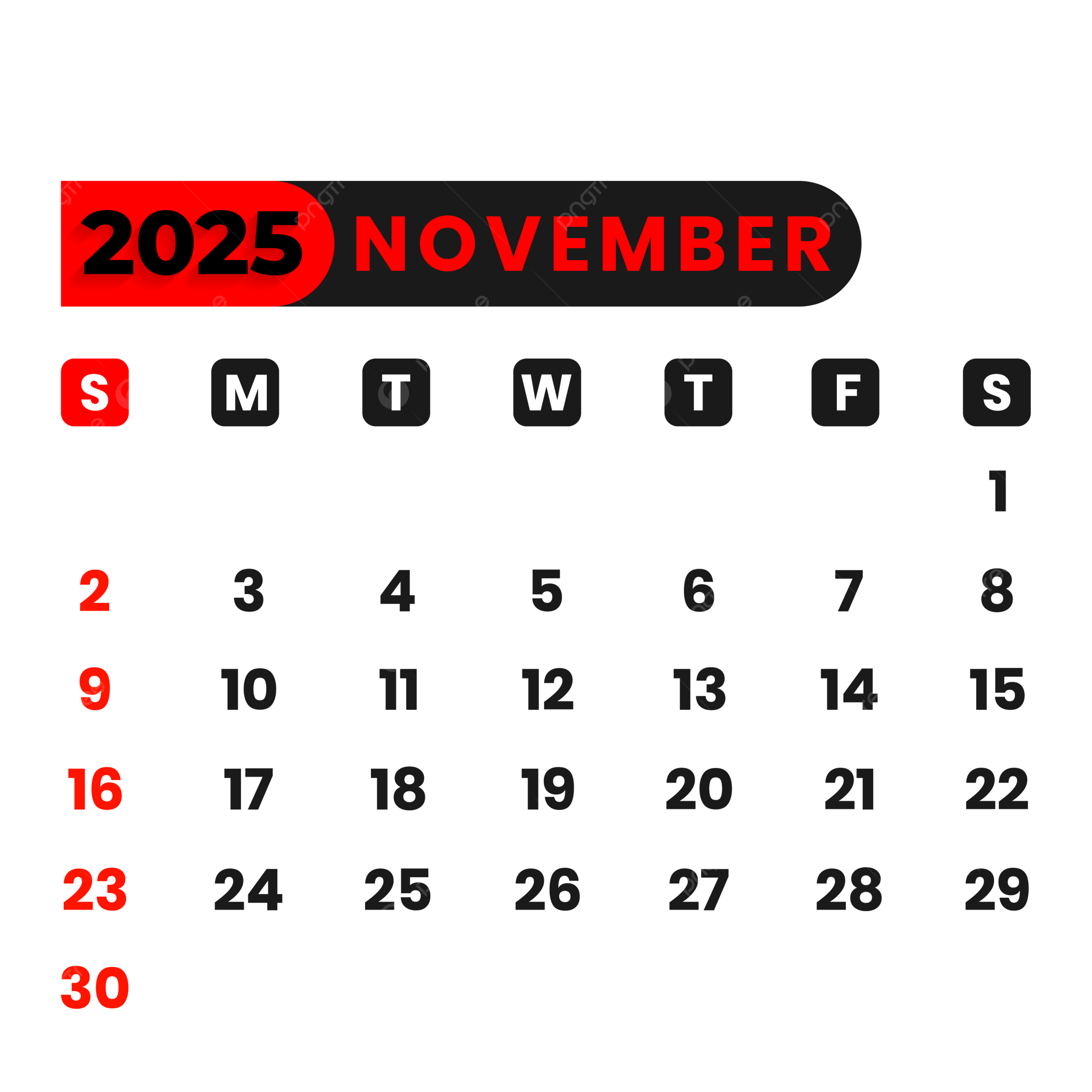 November Calendar 2025 Vector November Calendar 2025 Calendar PNG And Vector With Transparent Background For Free Download