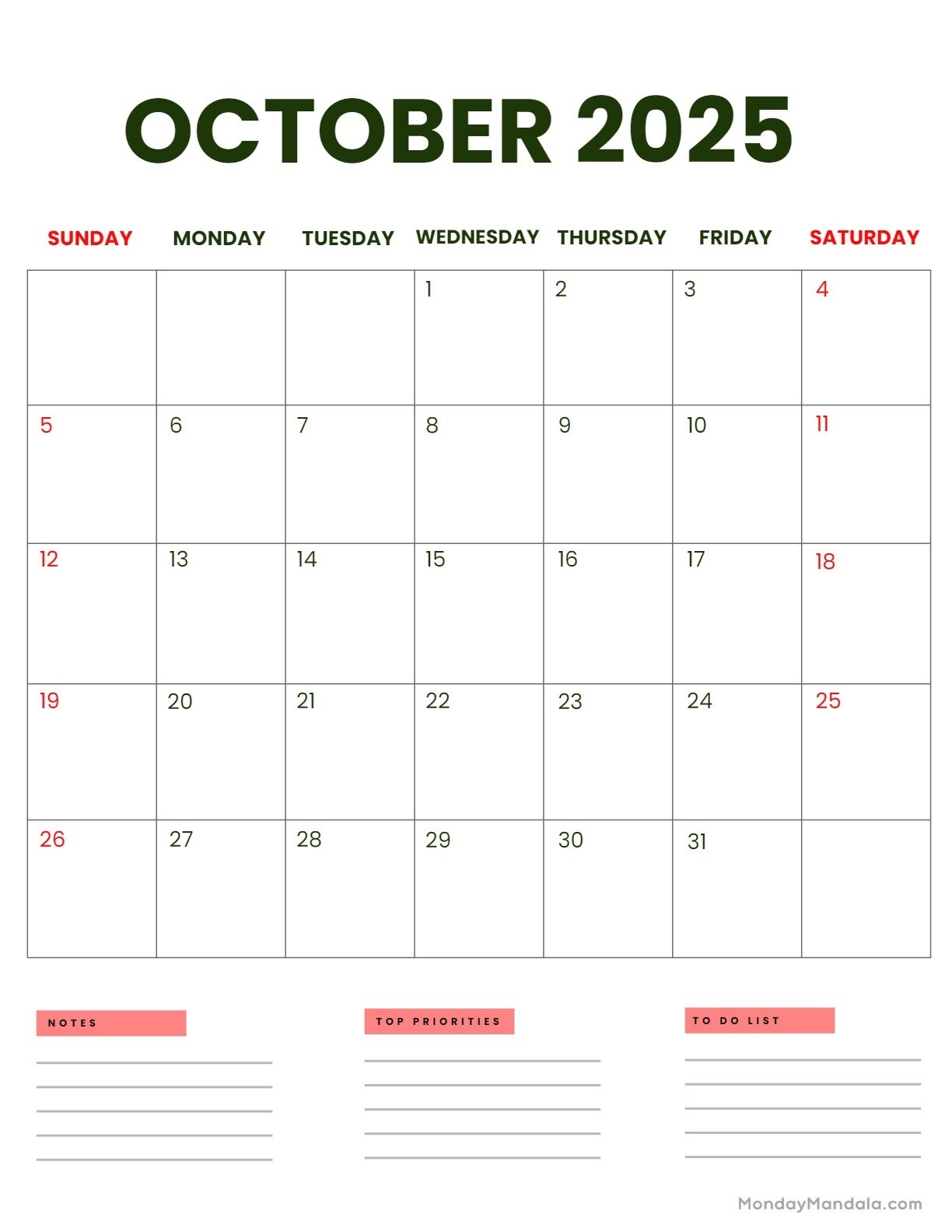 Monthly Calendar October 2025 Printable