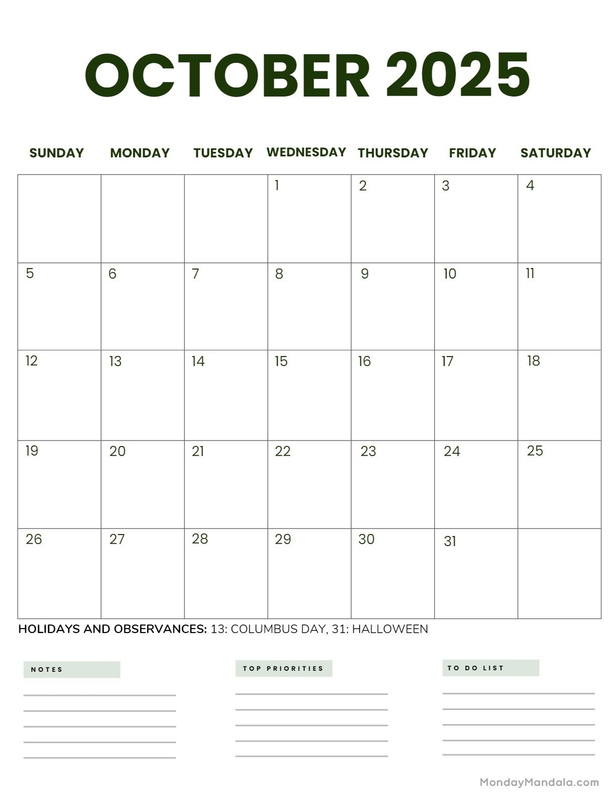 Printable Calendar October 2025