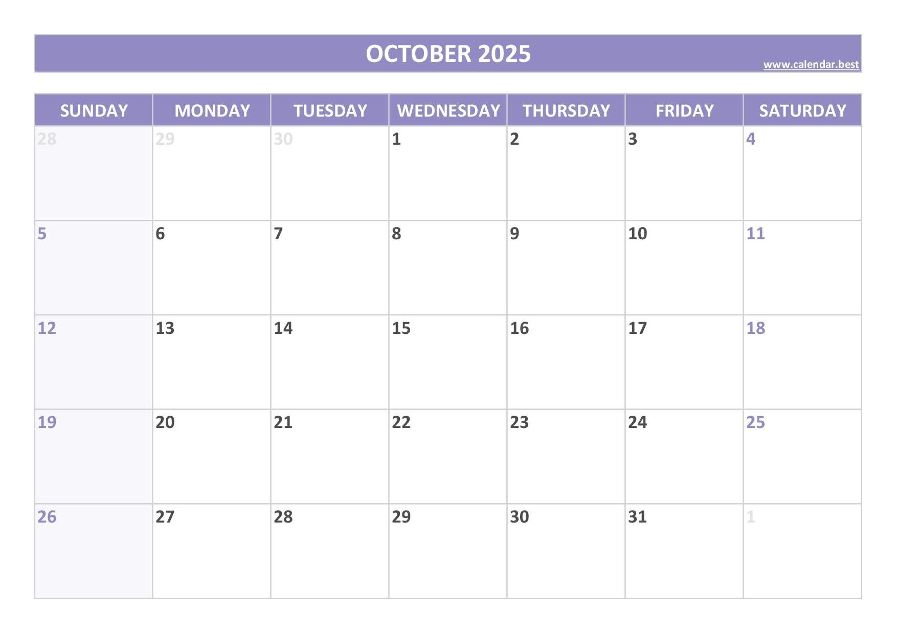Free Printable October 2025 Calendar