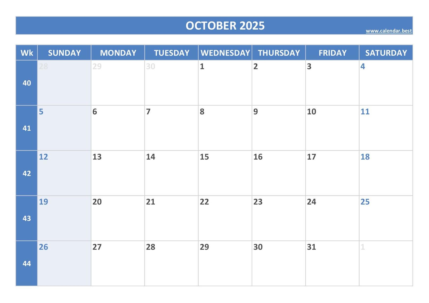 October 2025 Monthly Calendar