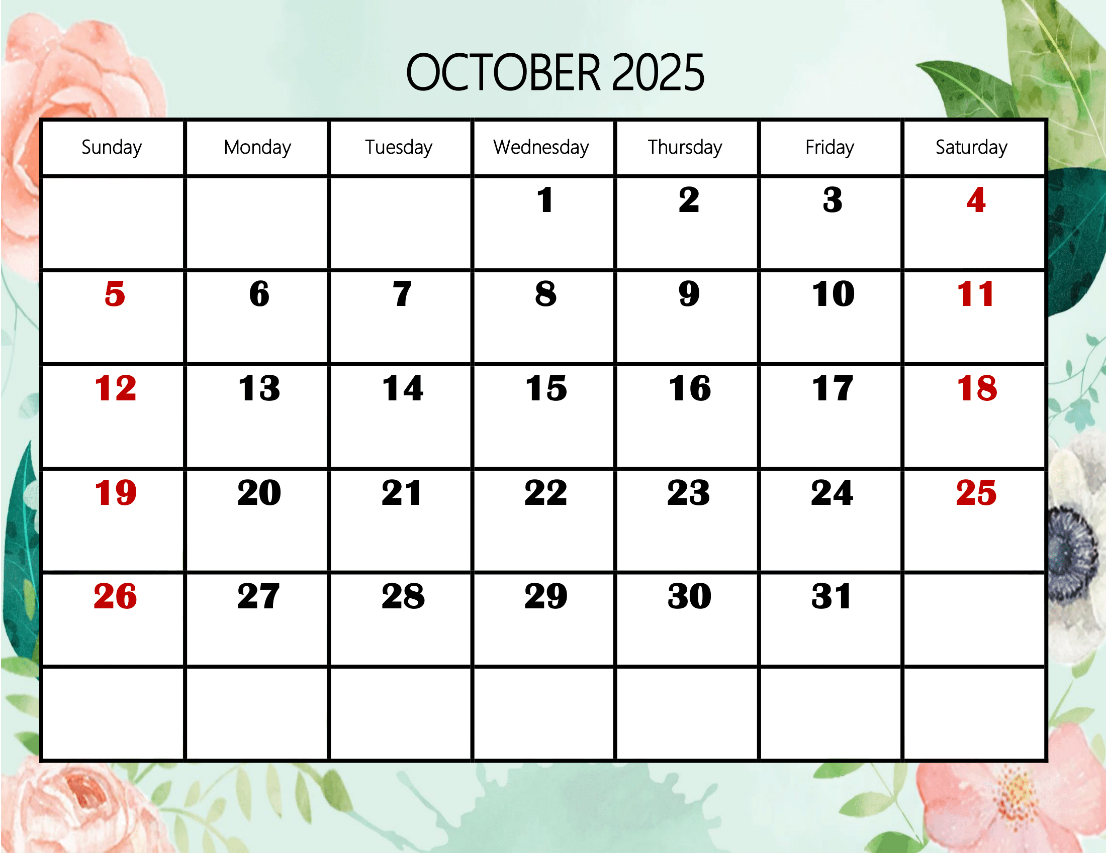 Large Print Calendar October 2025
