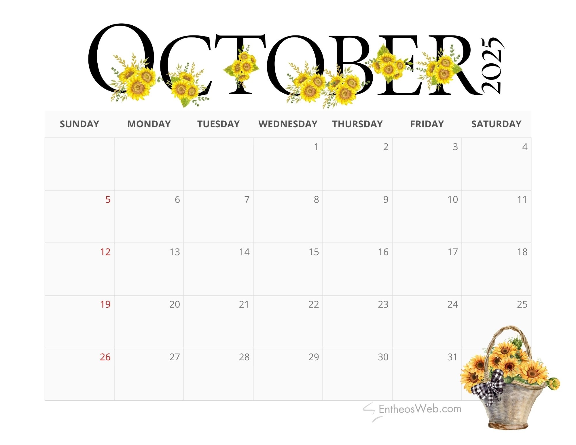 October 2025 Monthly Calendar Printable