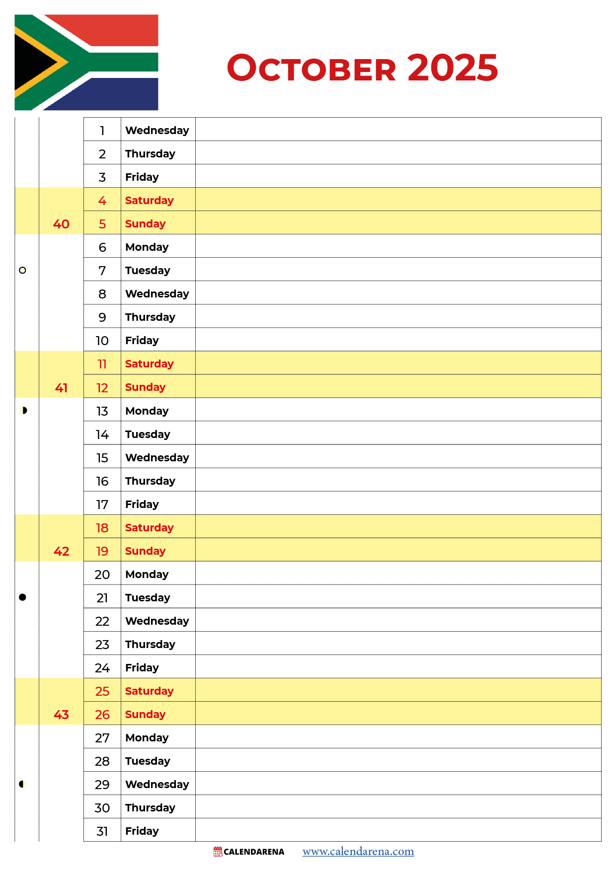 October 2025 Calendar South Africa