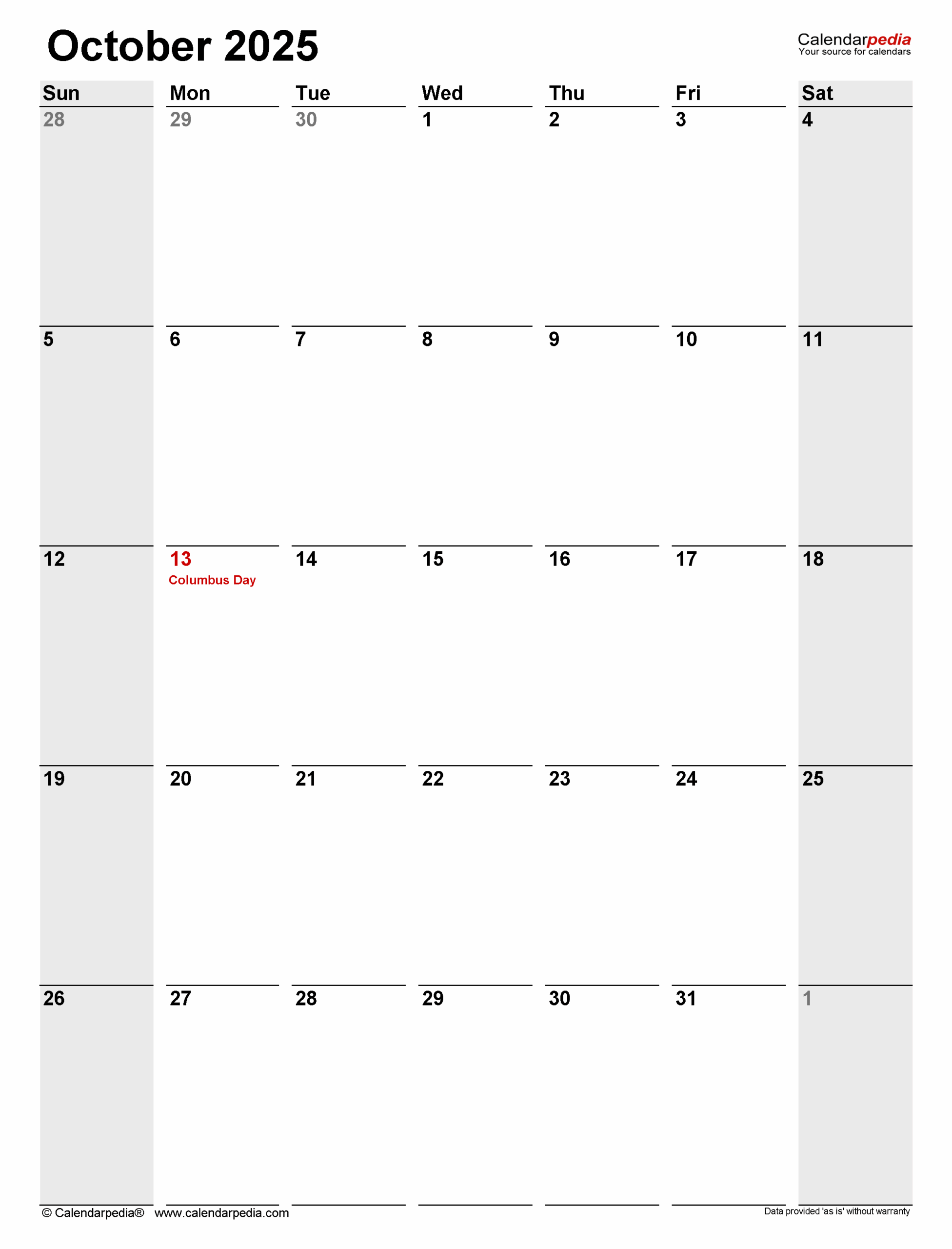 October 2025 Calendar Portrait