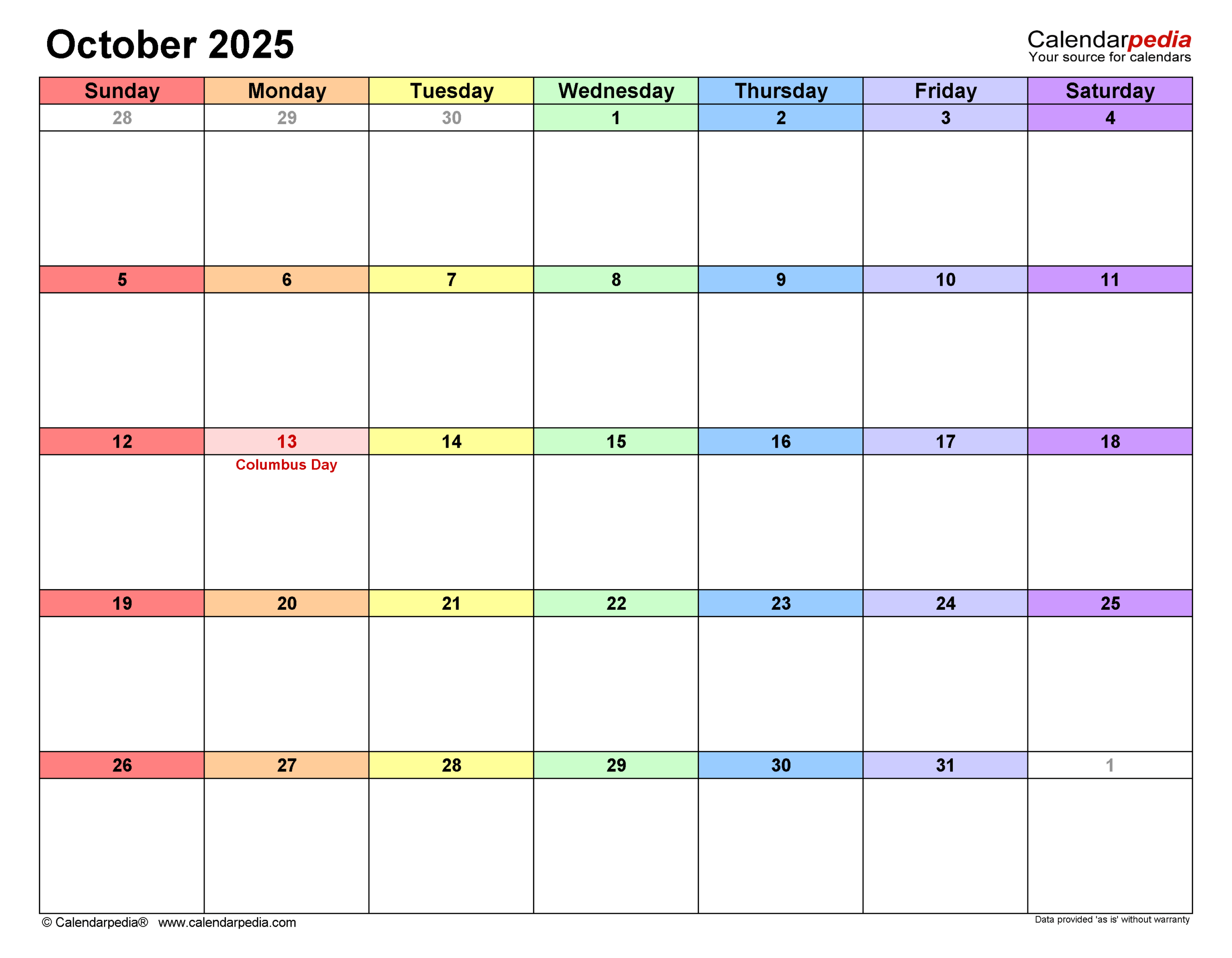October 2025 Editable Calendar