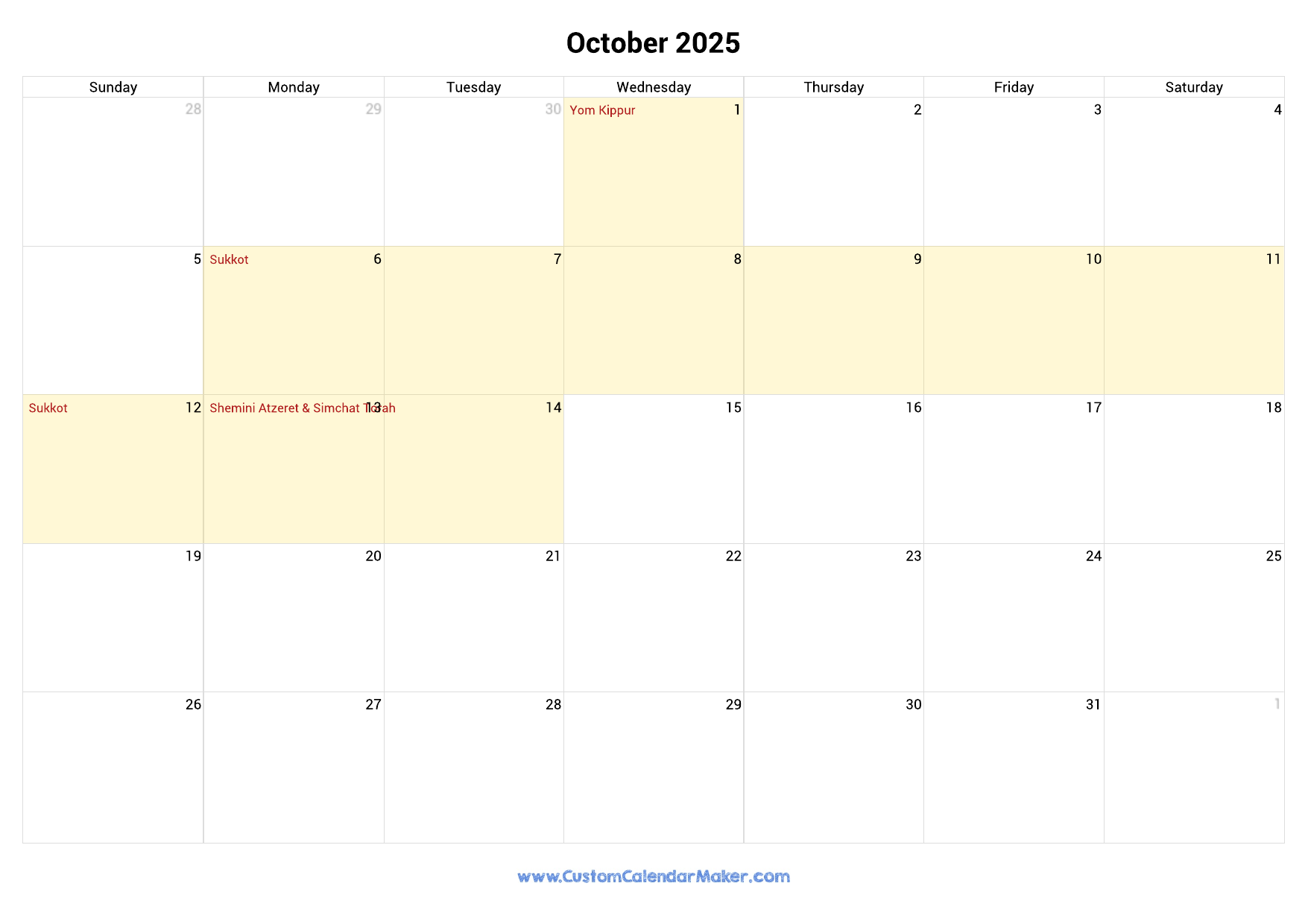 October 2025 Jewish Calendar With Hebrew Holidays Custom 
