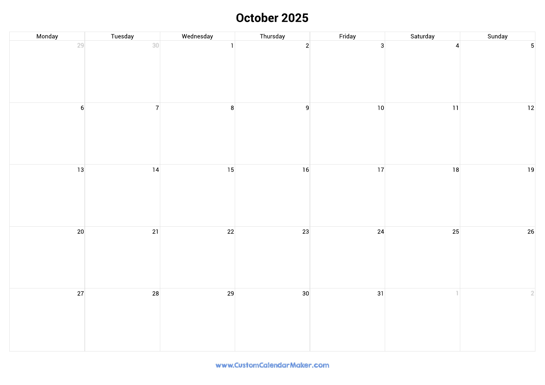 Calendar October 2025 Monday Start