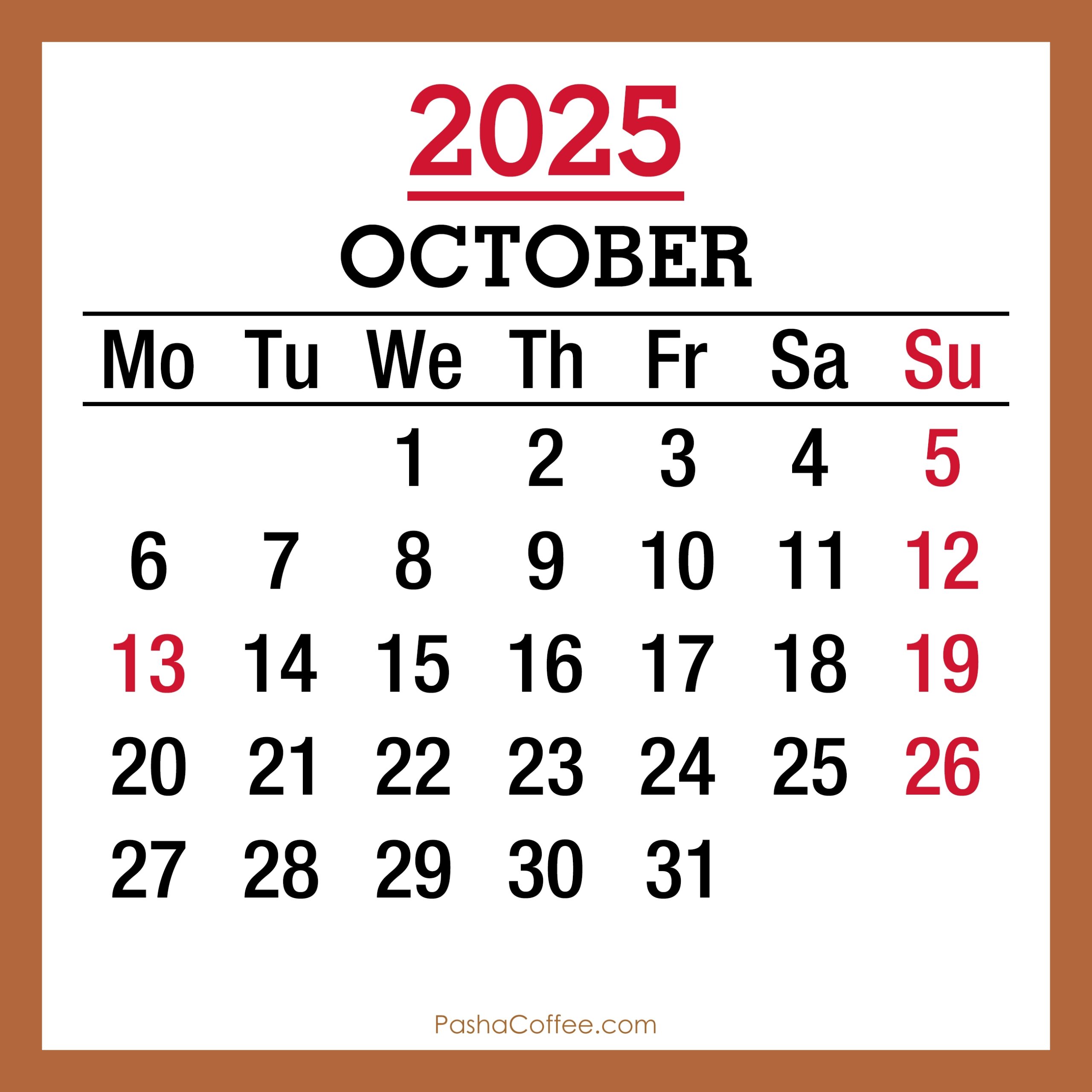 Holiday October 2025 Calendar