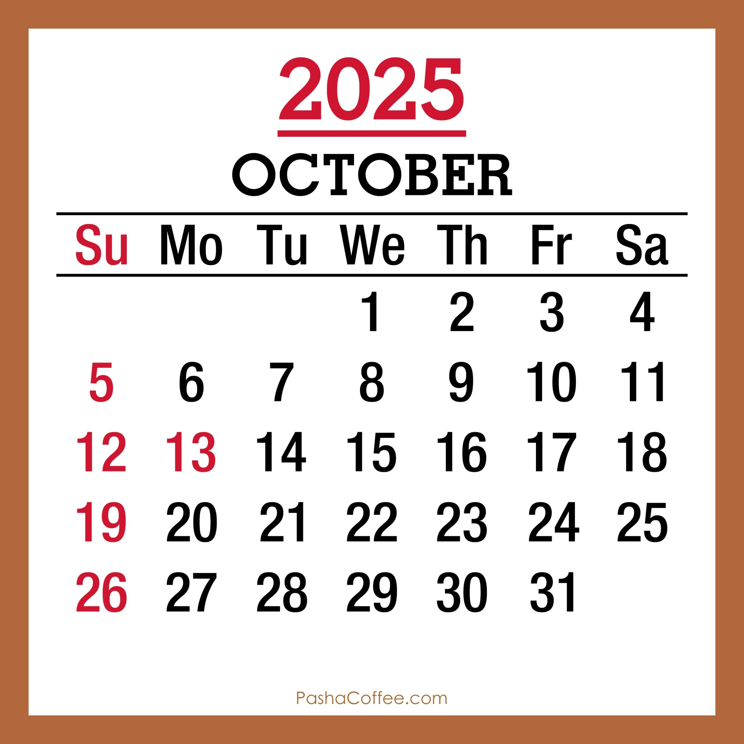 October 2025 Monthly Calendar With Holidays Printable Free Beige 