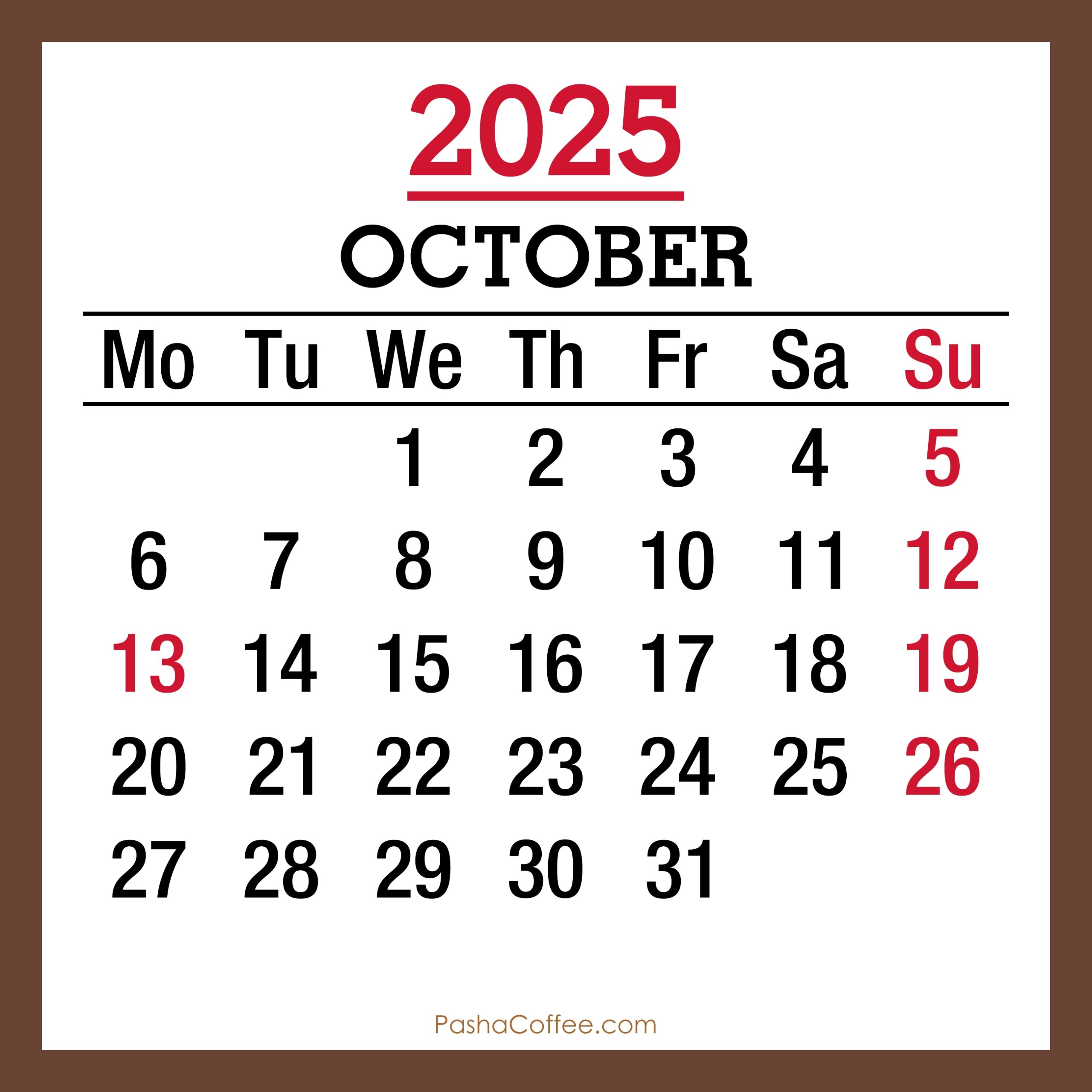 October 2025 Monthly Calendar With Holidays Printable Free Brown 