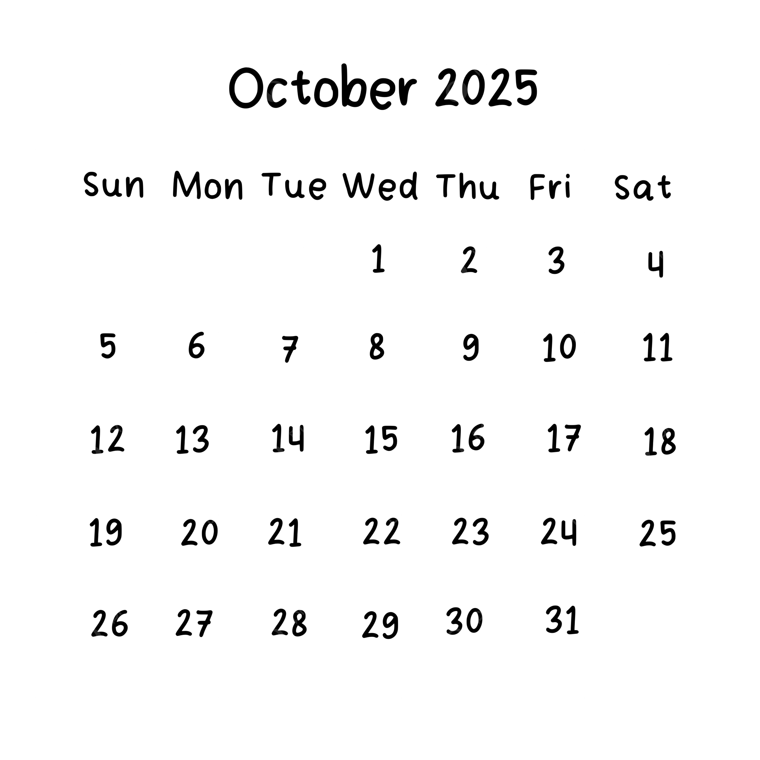 October 2025 Plain Calendar In Black Color 2025 Calendar October 