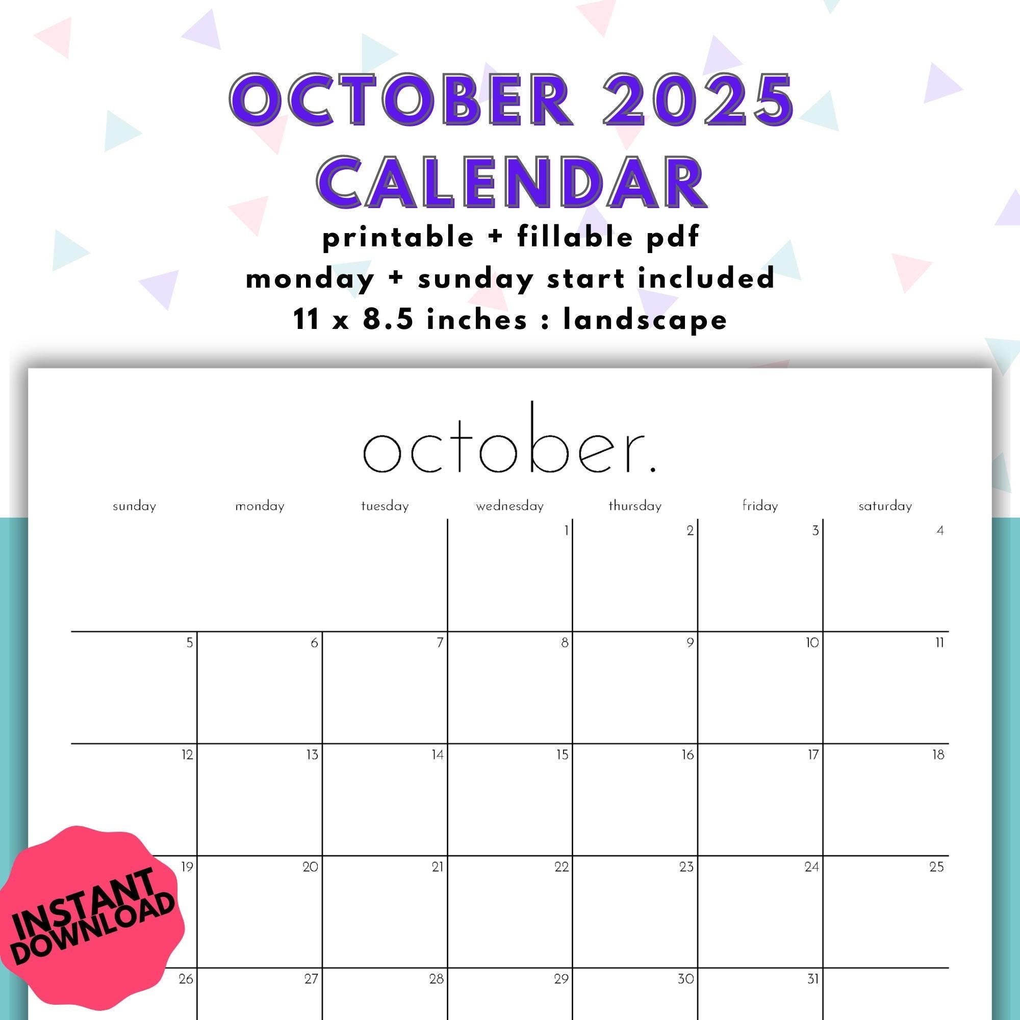 October 2025 Printable Digital Fillable Calendar With Sunday 