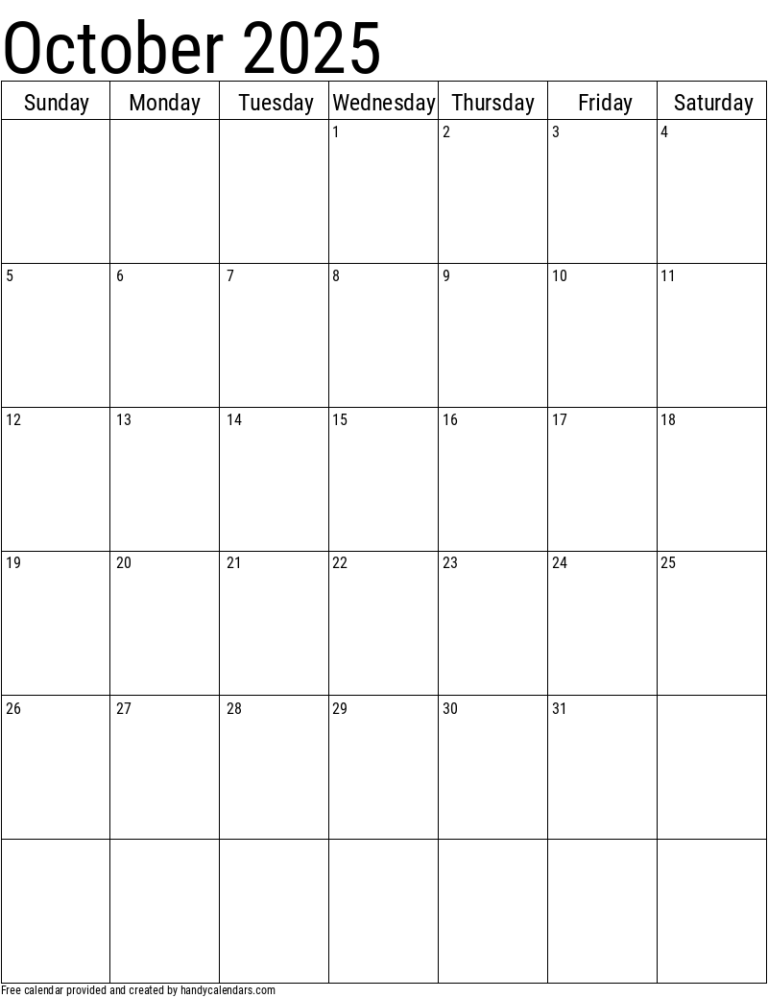 October 2025 Vertical Calendar Handy Calendars
