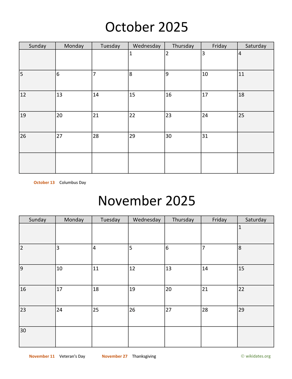 October November December 2025 Calendar Printable