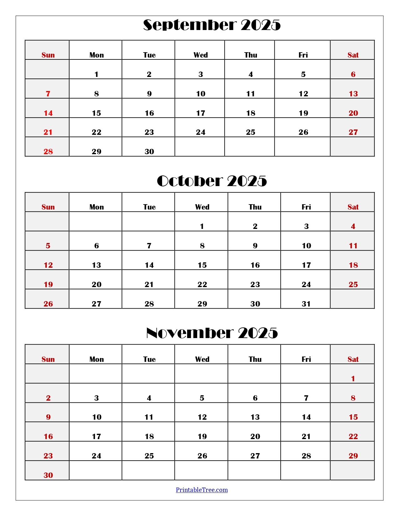 October To December 2025 Calendar Printable PDF Three Months 