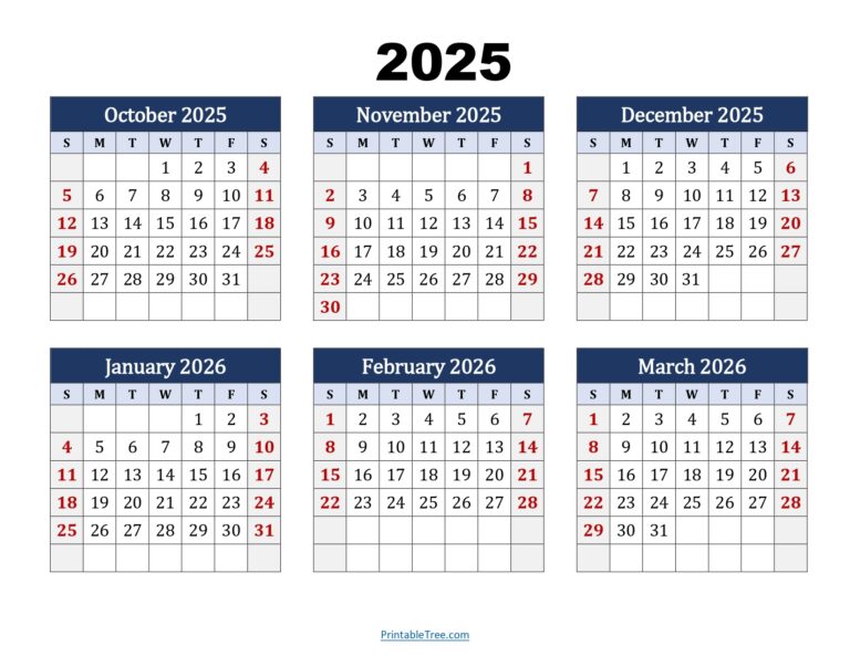 October To March 2026 Calendar Printable PDF Six Months Calendar