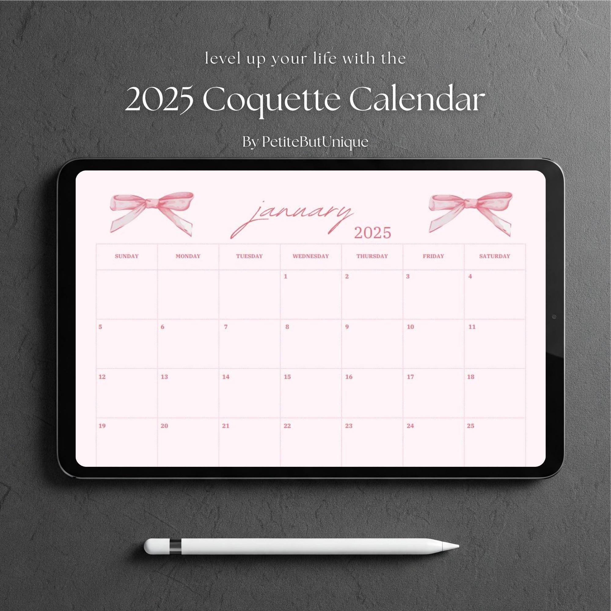 Pink Bow 2025 Calendar 2025 Monthly Planner Landscape Pink Girly 