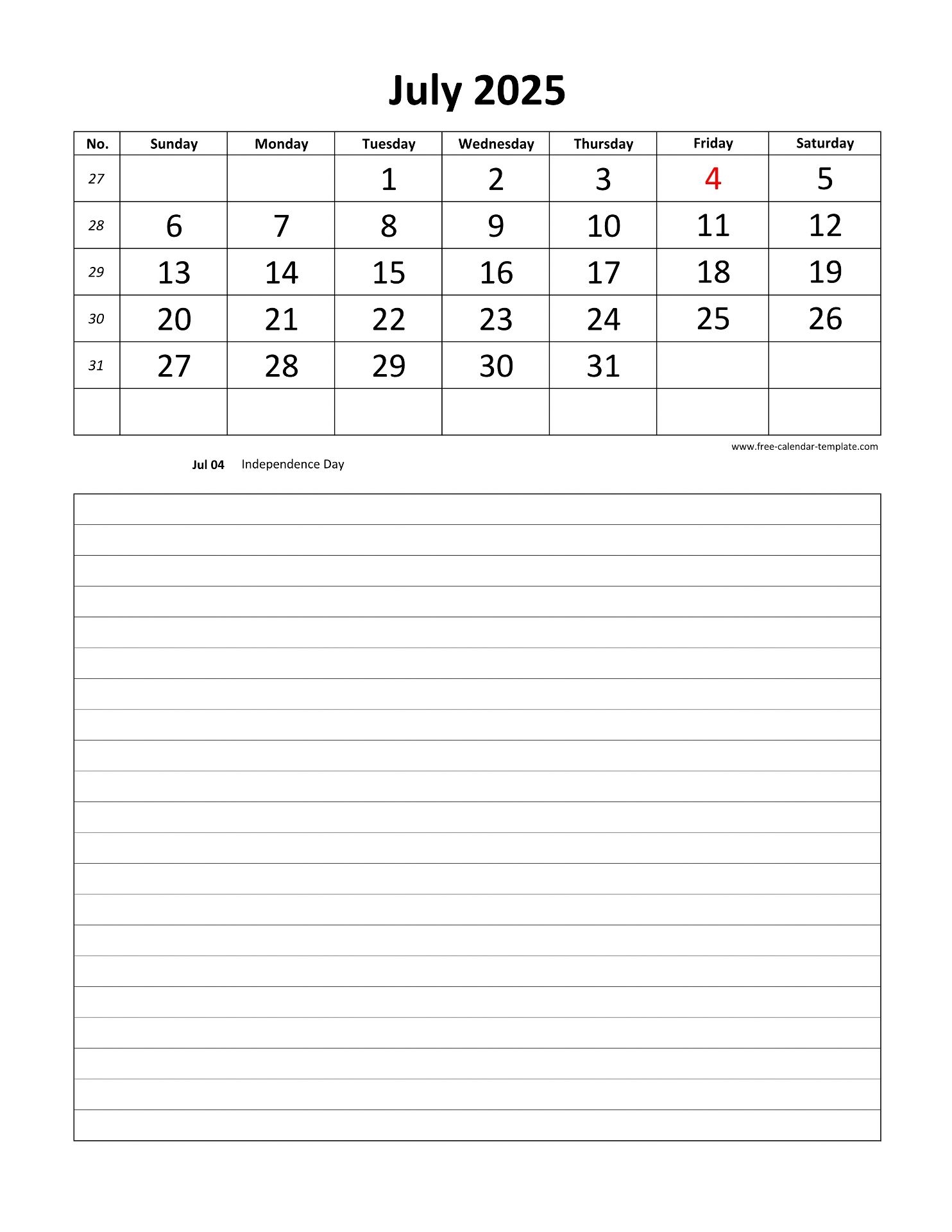 July 2025 Printable Calendar Word