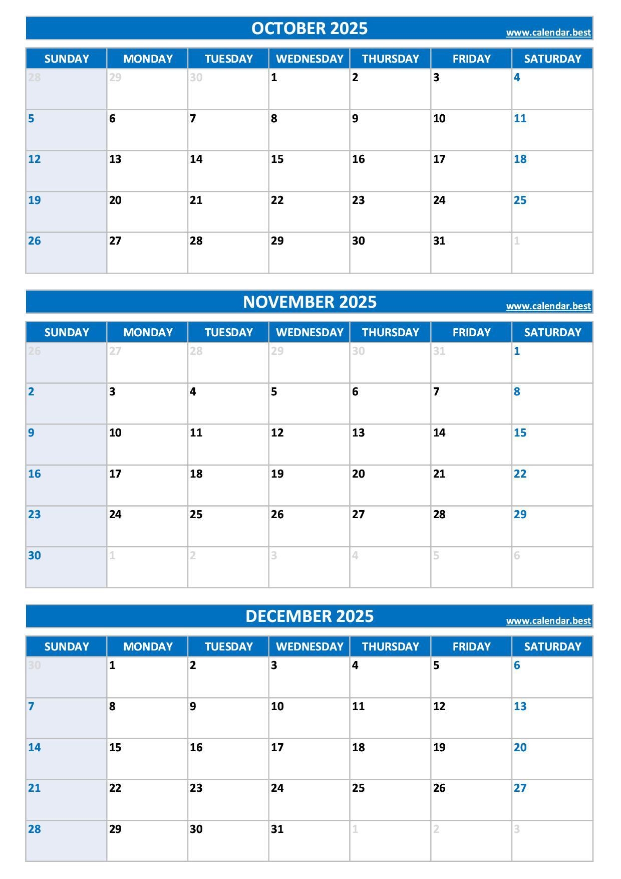 October November December 2025 Calendar Printable Pdf