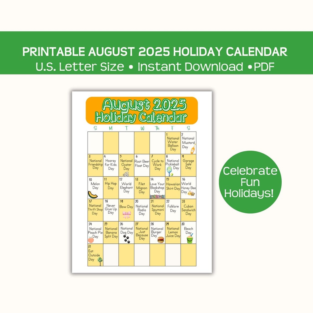 Printable August 2025 Holiday Calendar Page Fun And Whacky 
