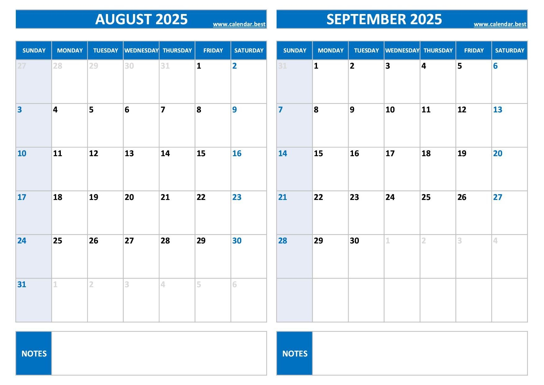 August September 2025 Calendar Excel