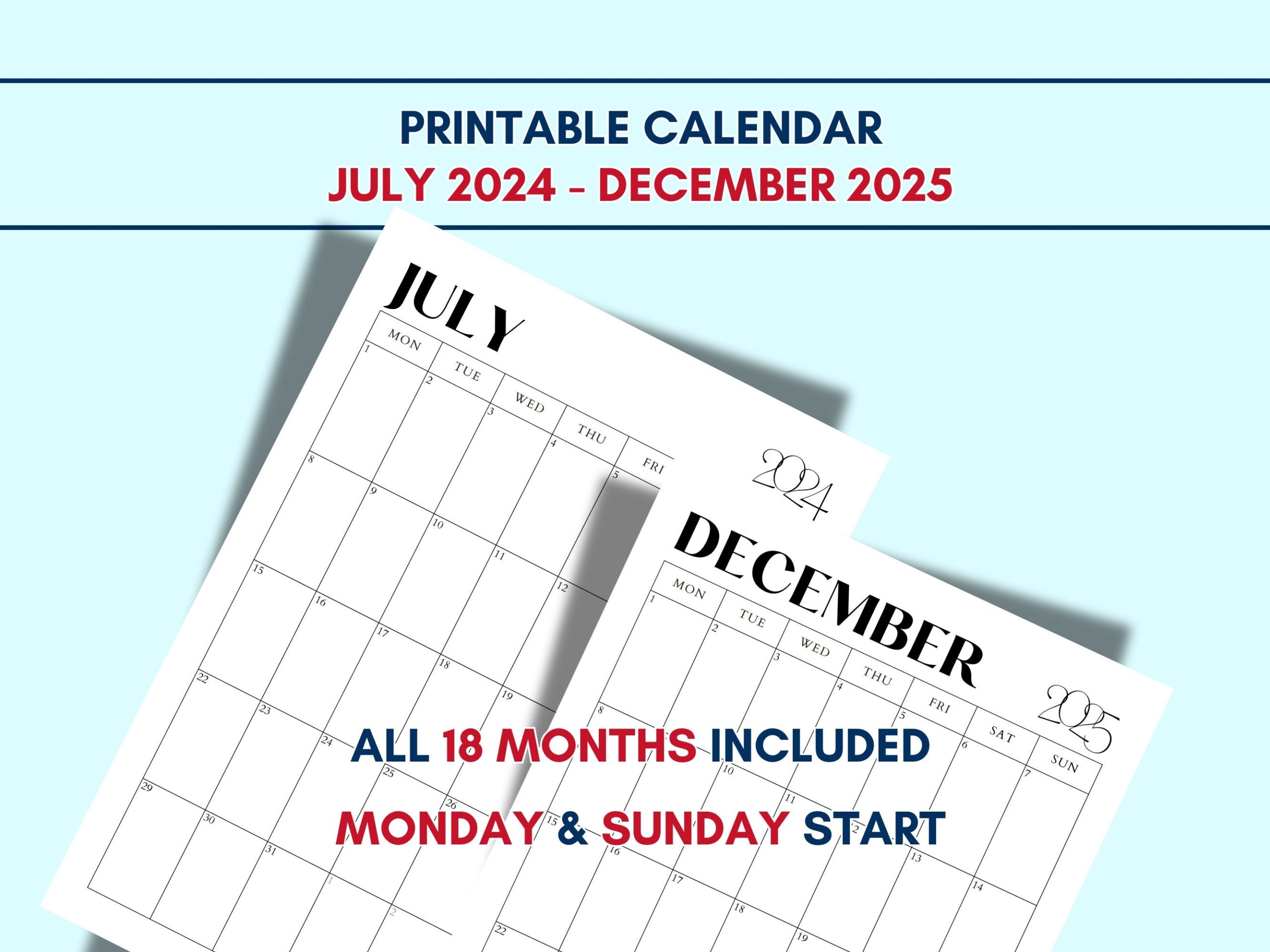 Printable Calendar July 2024 December 2025 Monthly Planner 