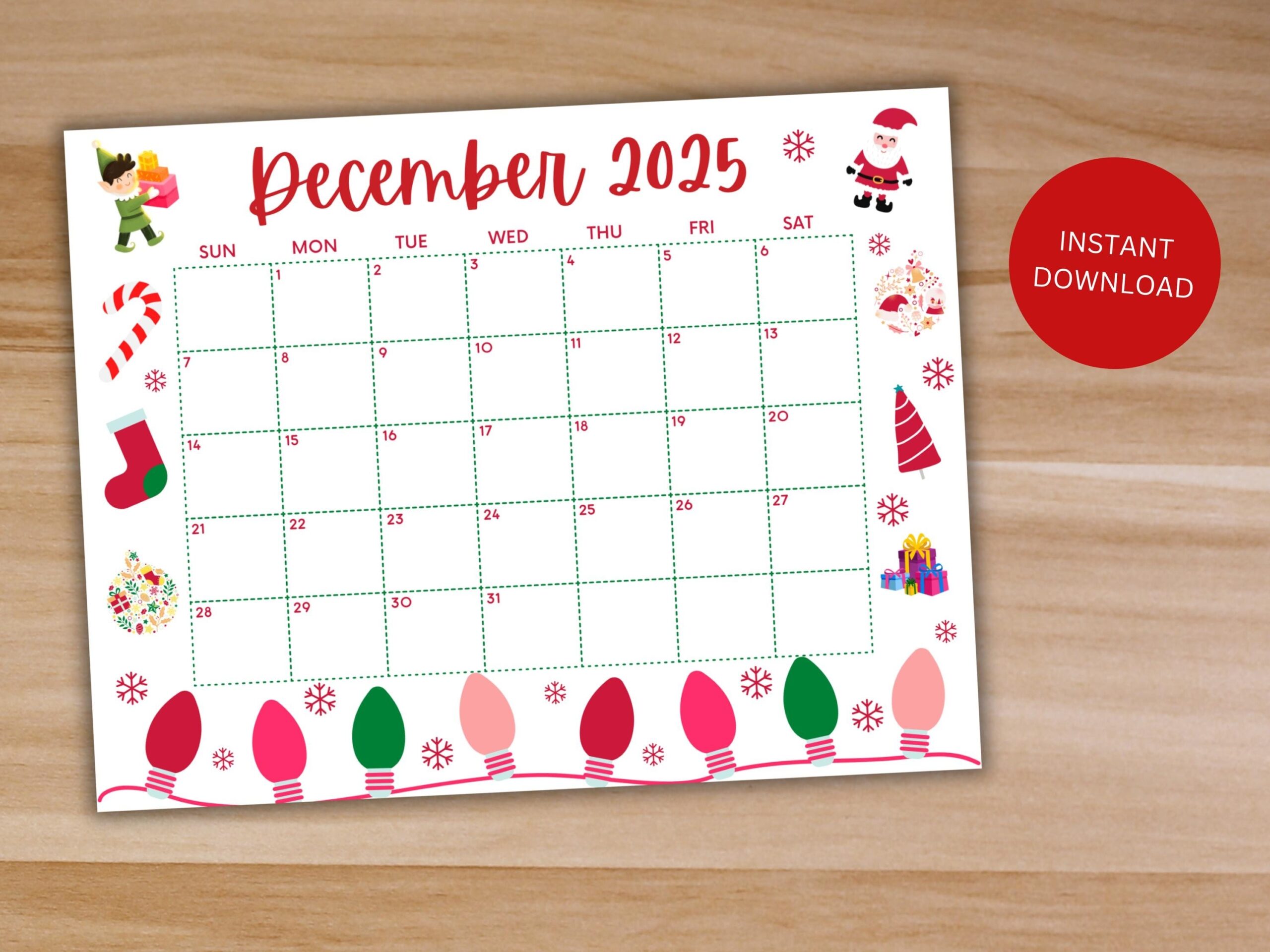 Printable December Calendar 2025 Christmas Calendar Holiday Calendar December 2025 Printable Calendar Family Calendar Printable Digital