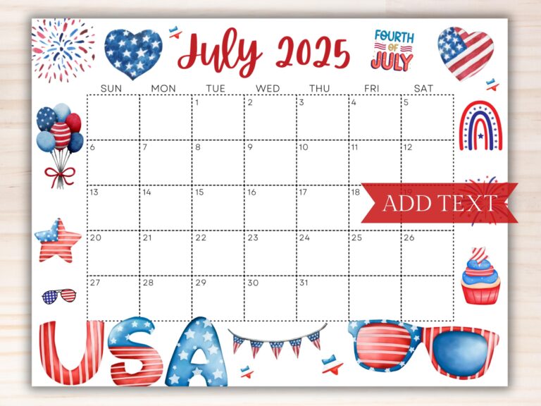 Printable Fourth Of July 2025 Calendar Editable Summer Calendar With American Flag Monthly Calendar Fillable Calendar July Planner
