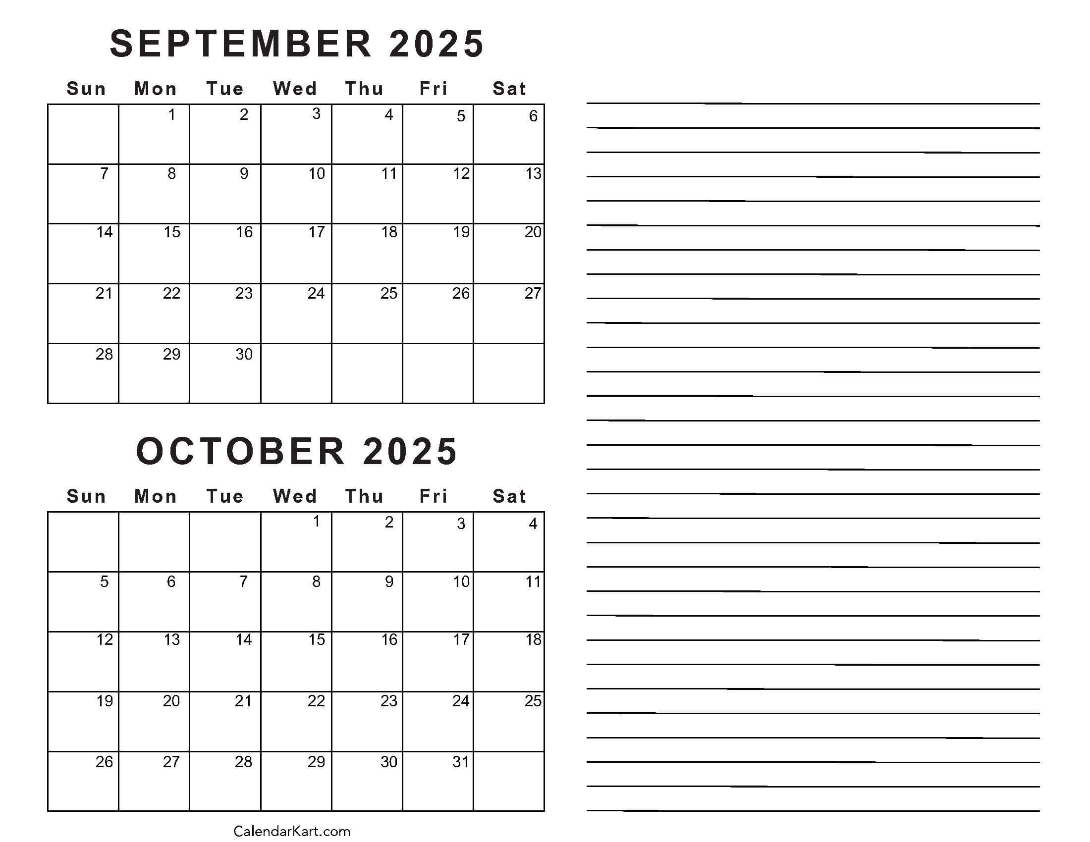 September October 2025 Calendar Printable