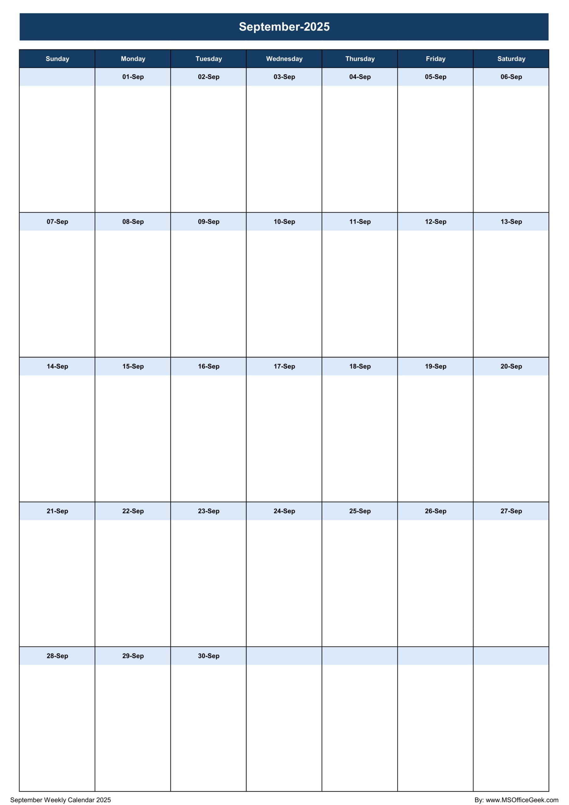 Blank September 2025 Calendar Excel
