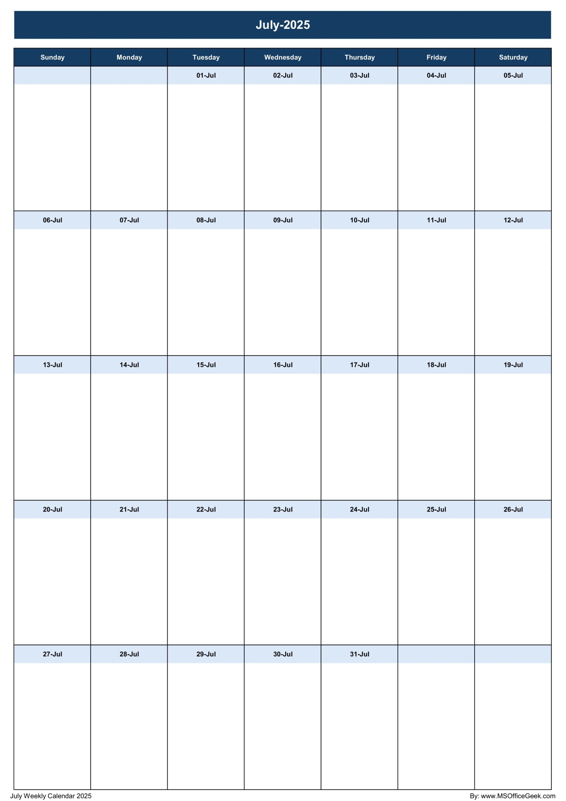 July 2025 Calendar Excel Template