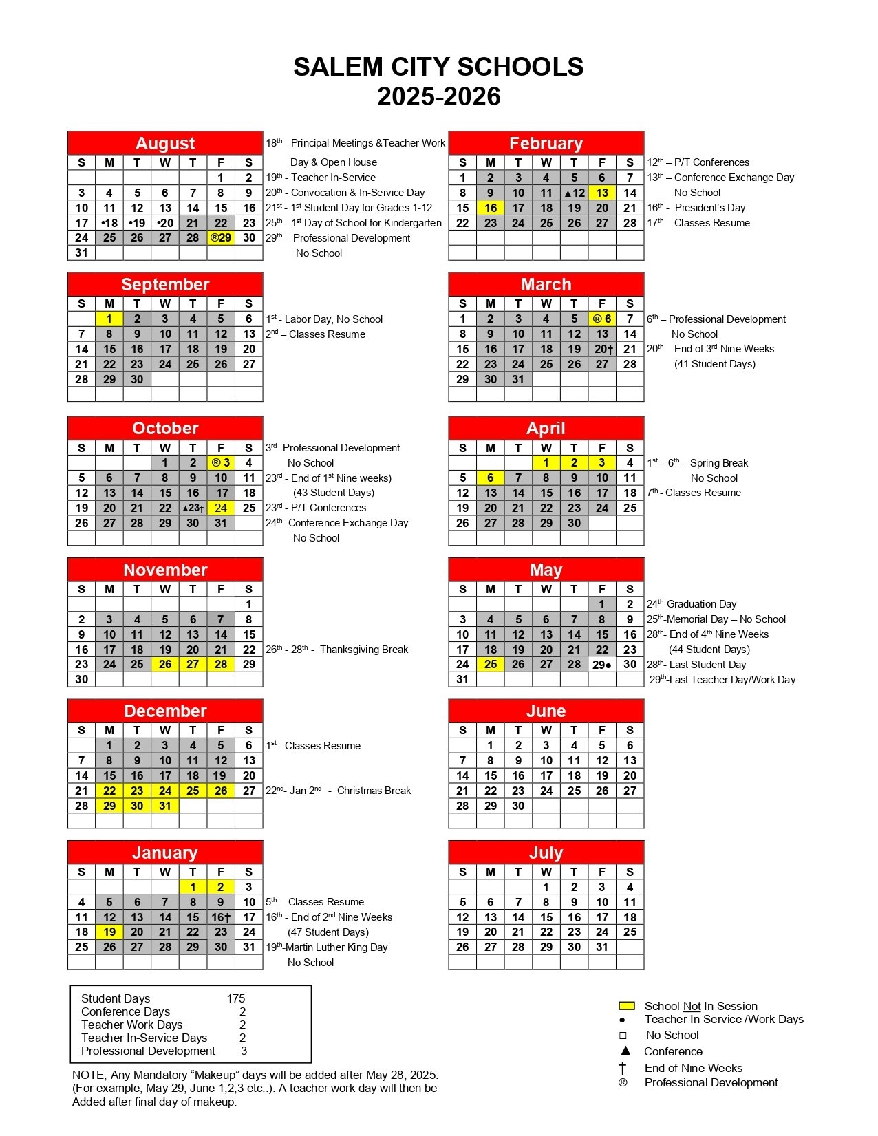 Salem City Schools Calendar 25 26 Revised PDF EduCounty