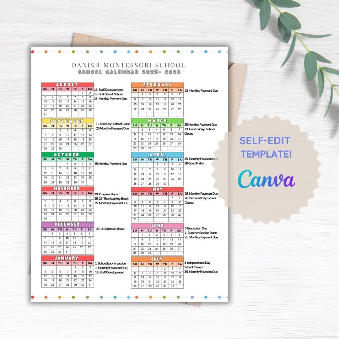 School Calendar 2025 2026 Perfect For Preschool Daycare Or Childcare Center EDITABLE Etsy UK