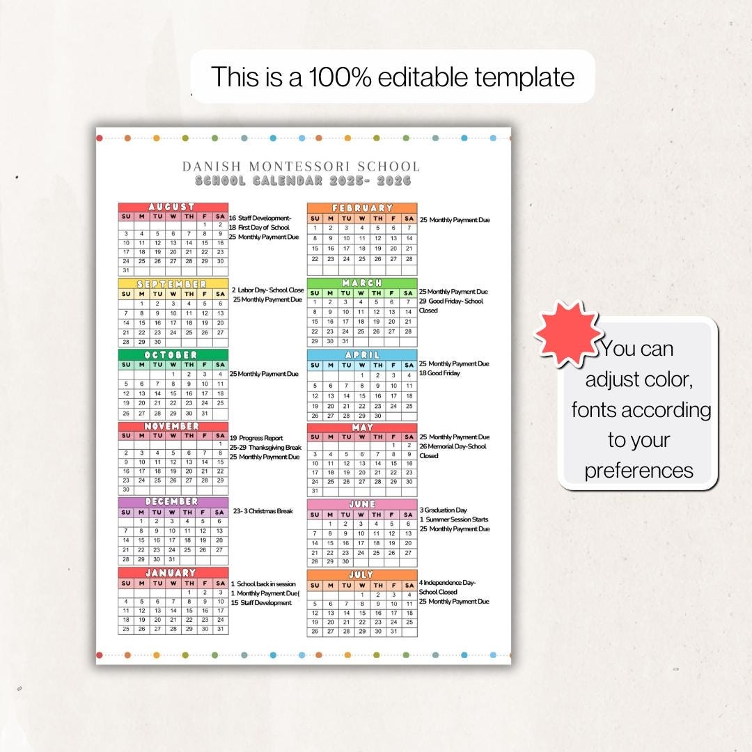School Calendar 2025 2026 Perfect For Preschool Daycare Or Childcare Center EDITABLE Etsy