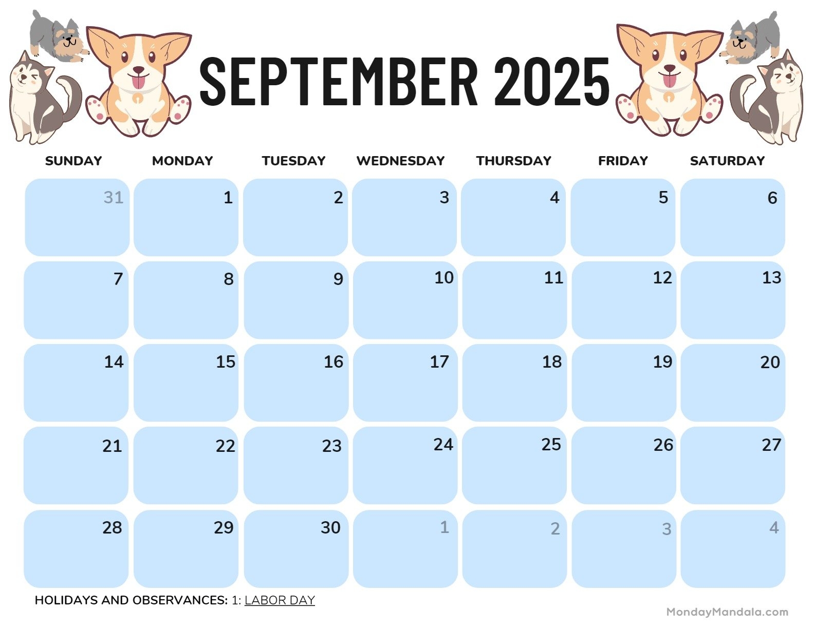 September 2025 Calendar Landscape