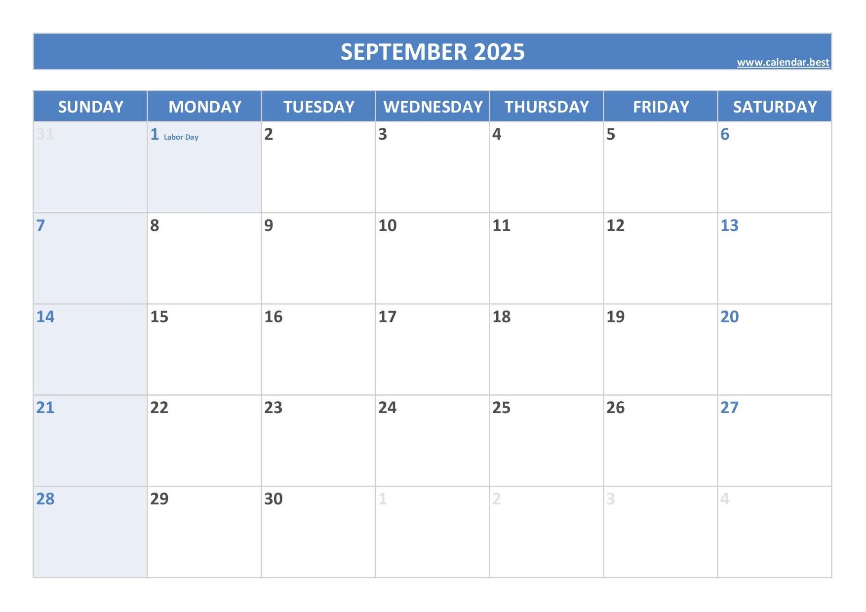 September 2025 Calendar With Days