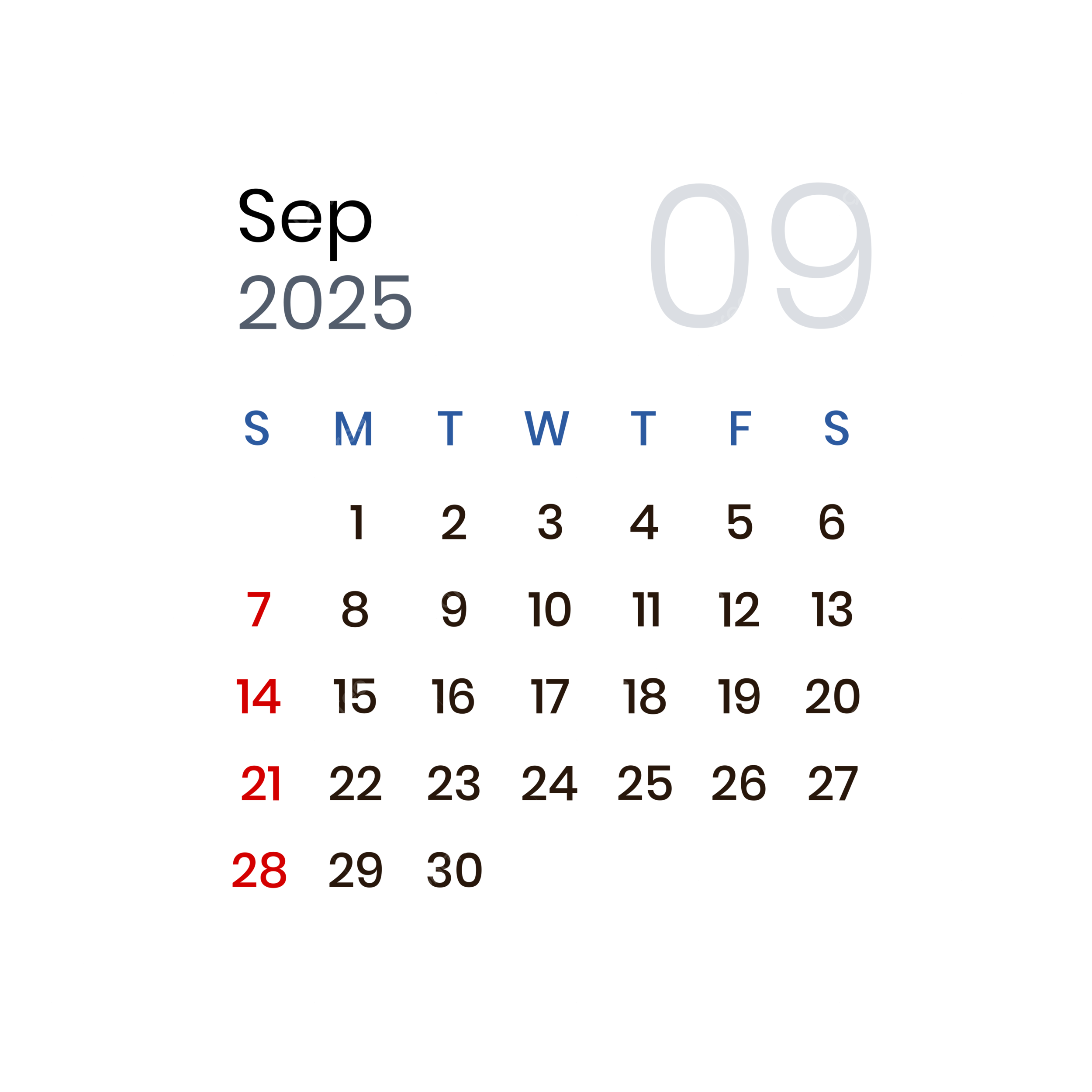 September 2025 Calendar Minimalist Vector September September 2025 Calendar 2025 PNG And Vector With Transparent Background For Free Download