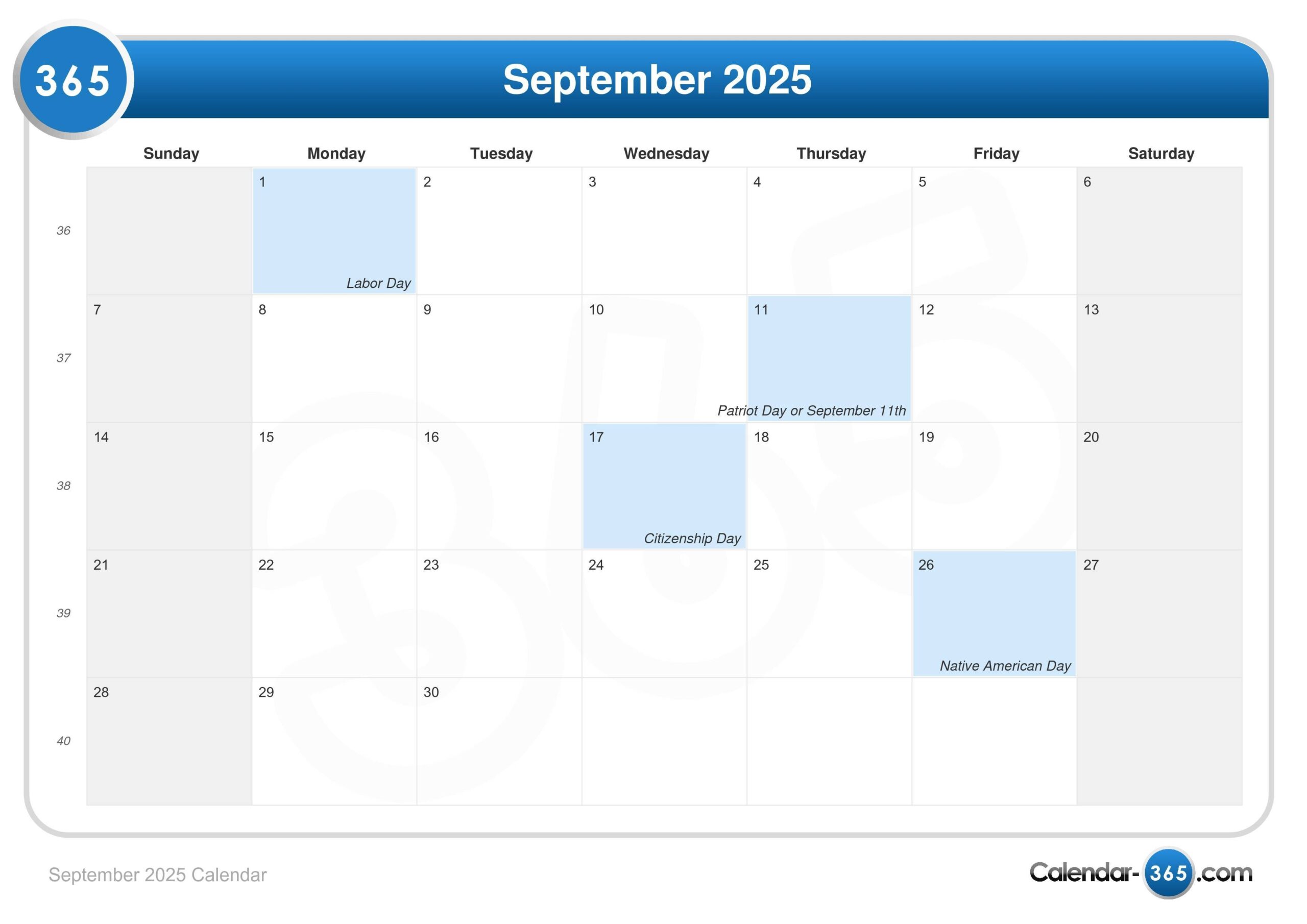 September 2025 Calendar Important Days