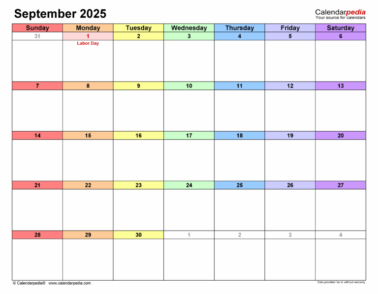 September 2025 Calendar Templates For PDF Excel And Word