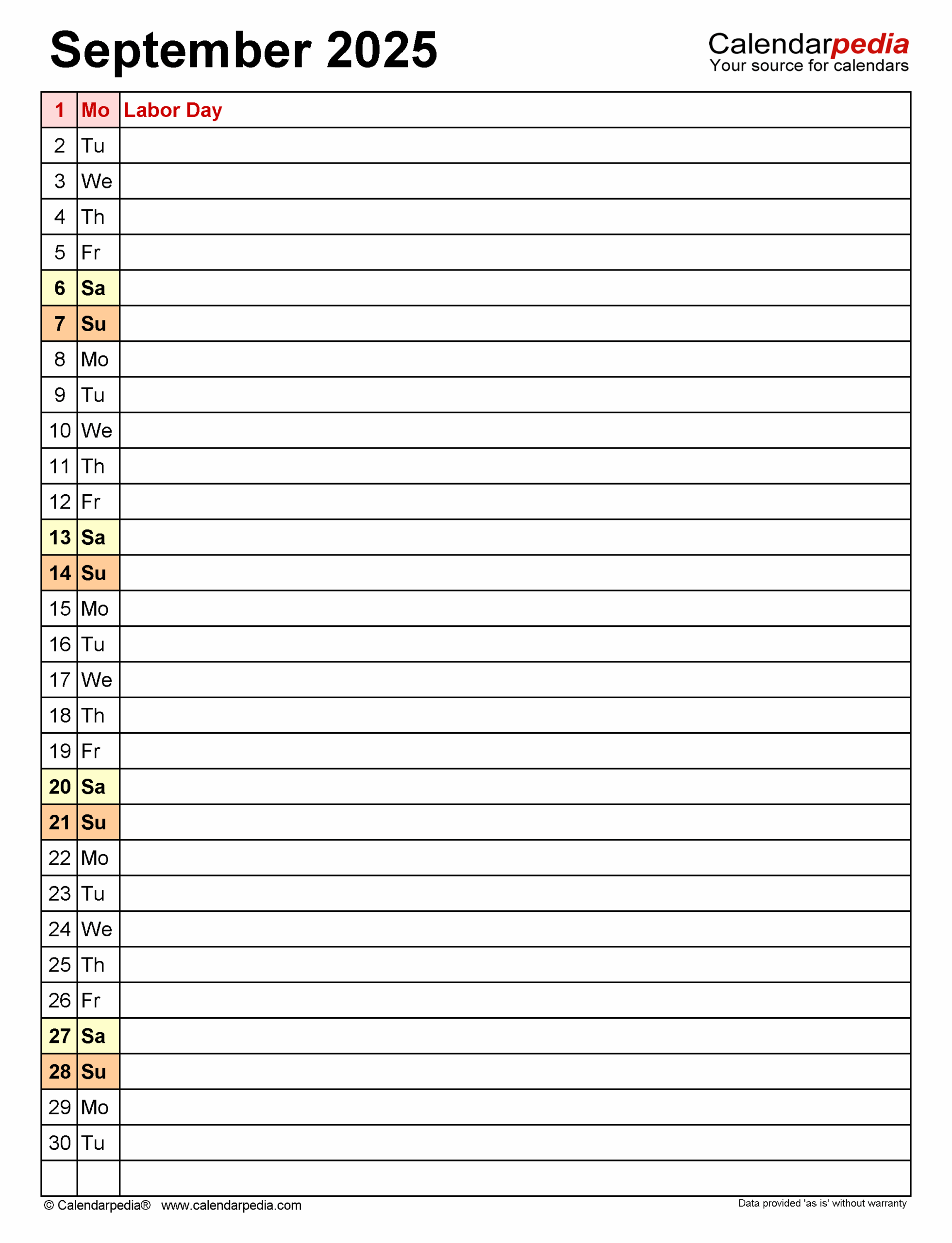 September 2025 List Calendar