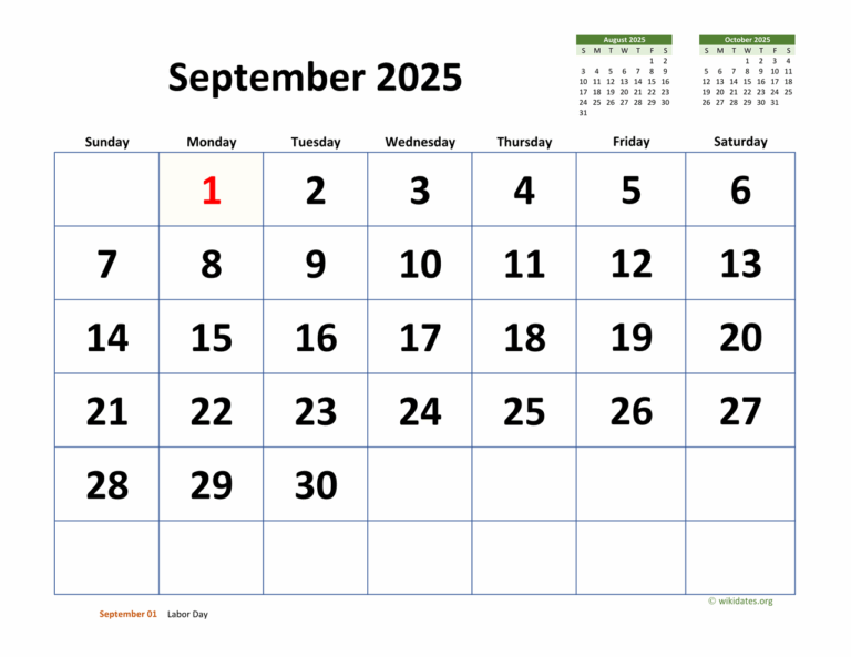 September 2025 Calendar With Extra large Dates WikiDates