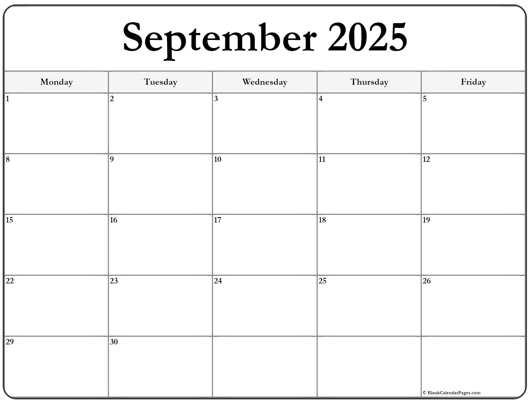 September 2025 Monday Calendar Monday To Sunday