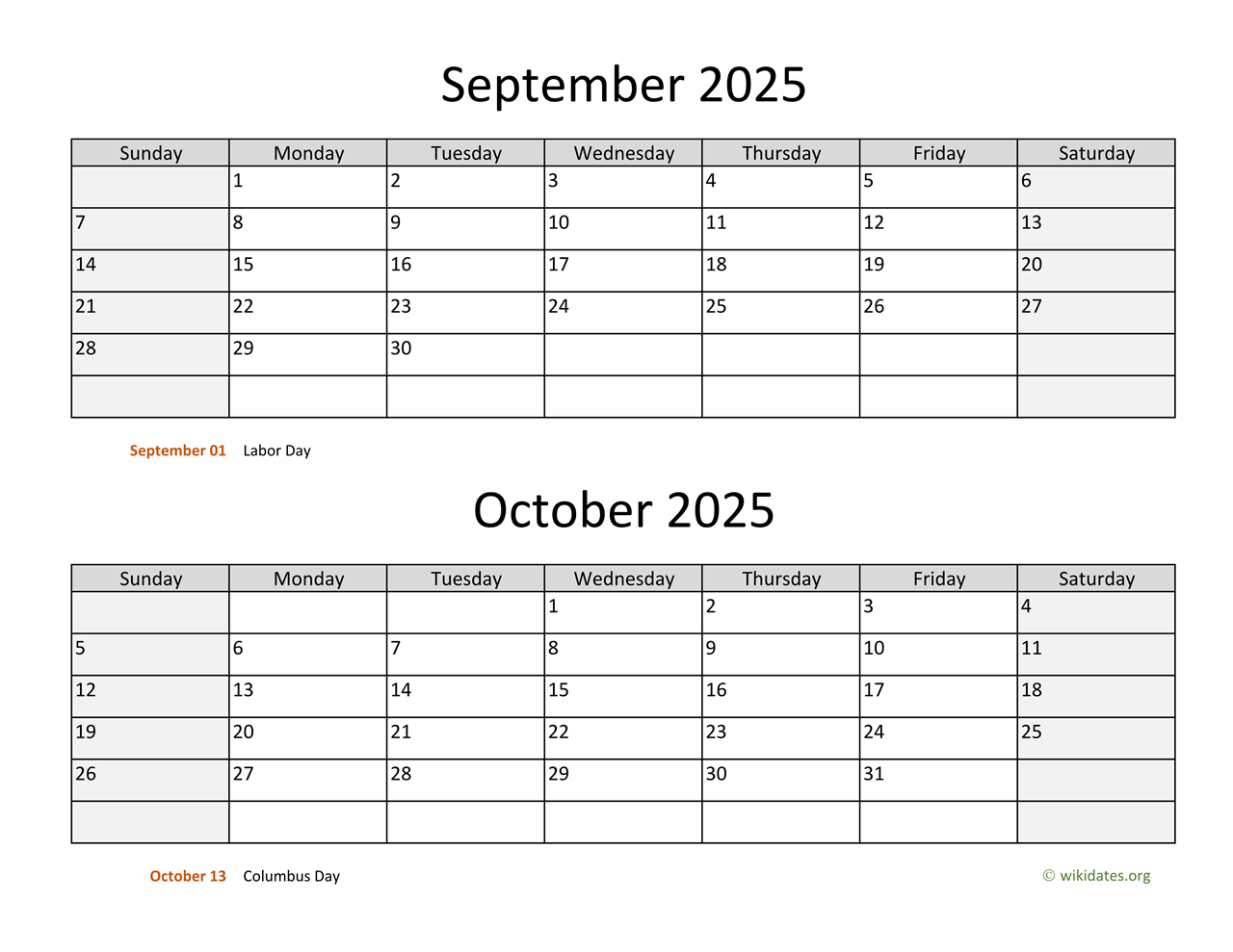 October - December 2025 Calendar