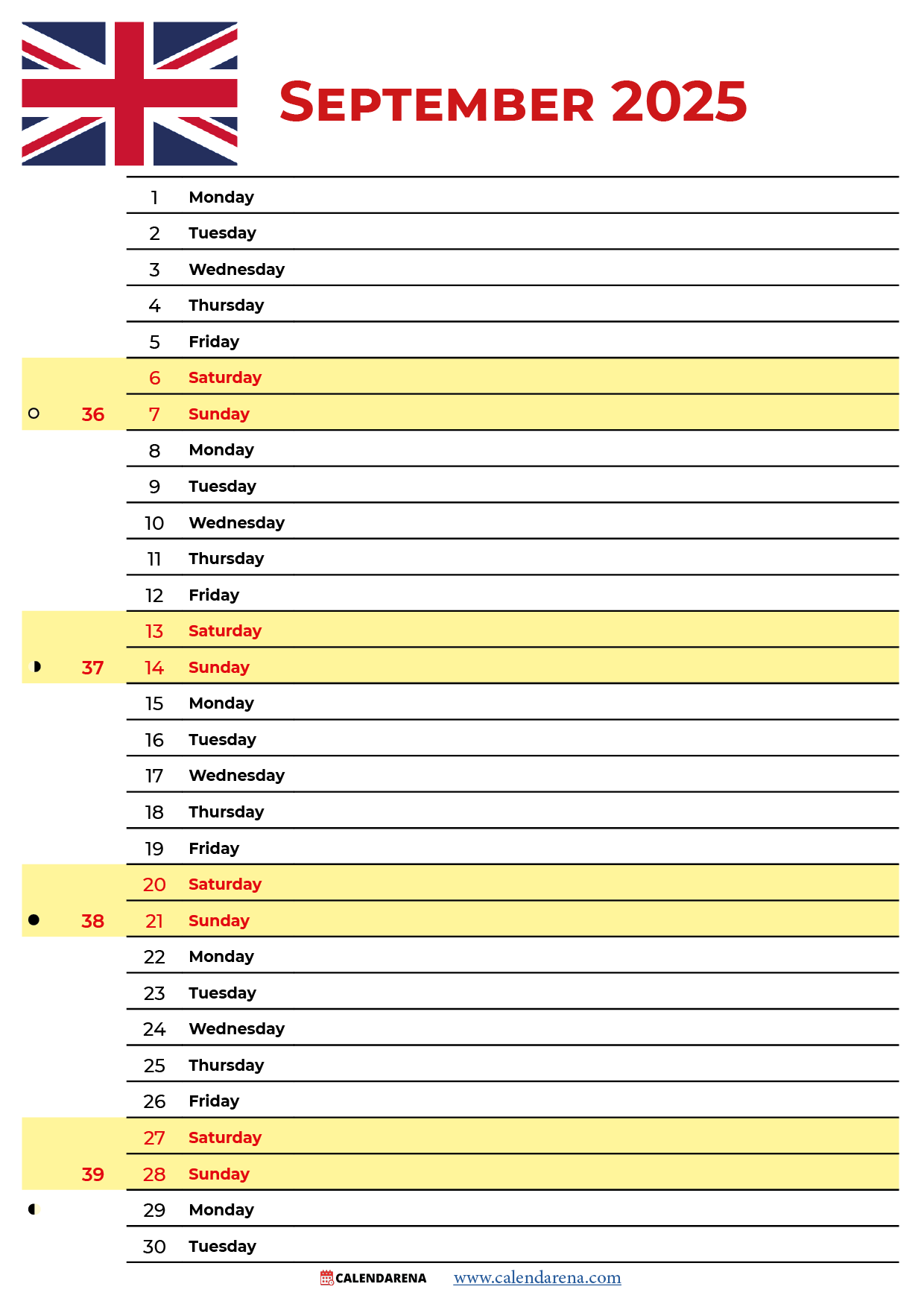 September Calendar 2025 Uk