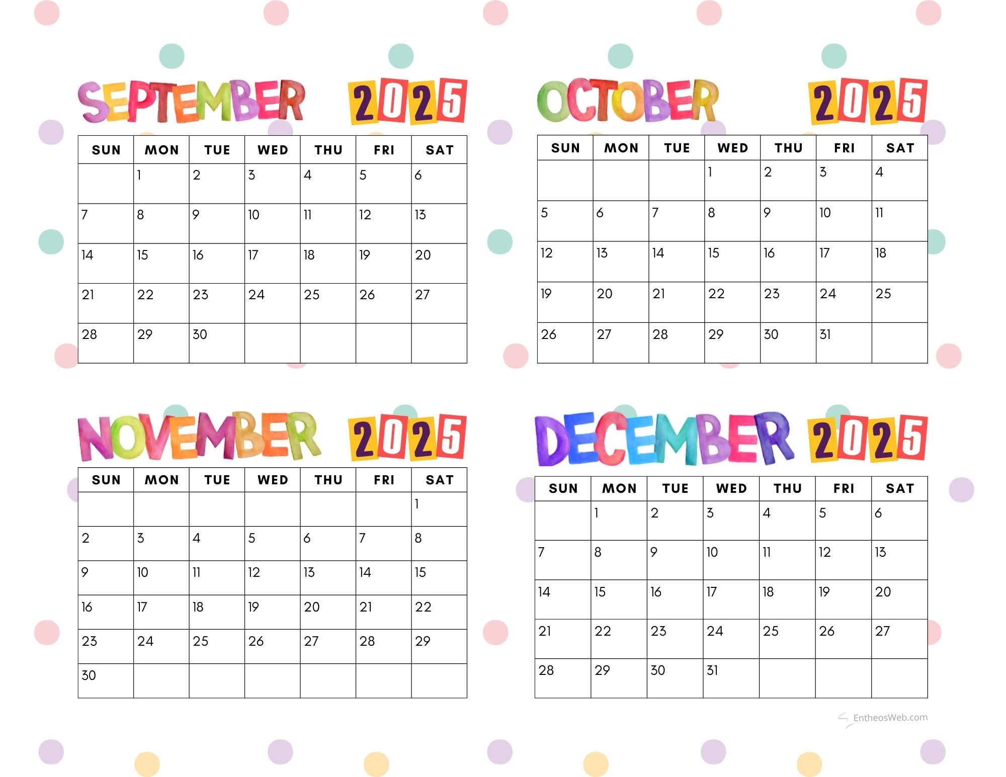 Calendar September - December 2025