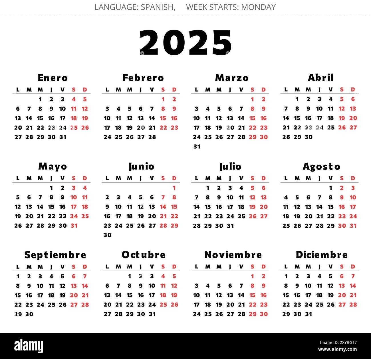 Spanish 2025 Year Calendar Printable Vector Black And Red Colors Illustration For Spain Good For Large Print Stock Vector Image U0026 Art Alamy