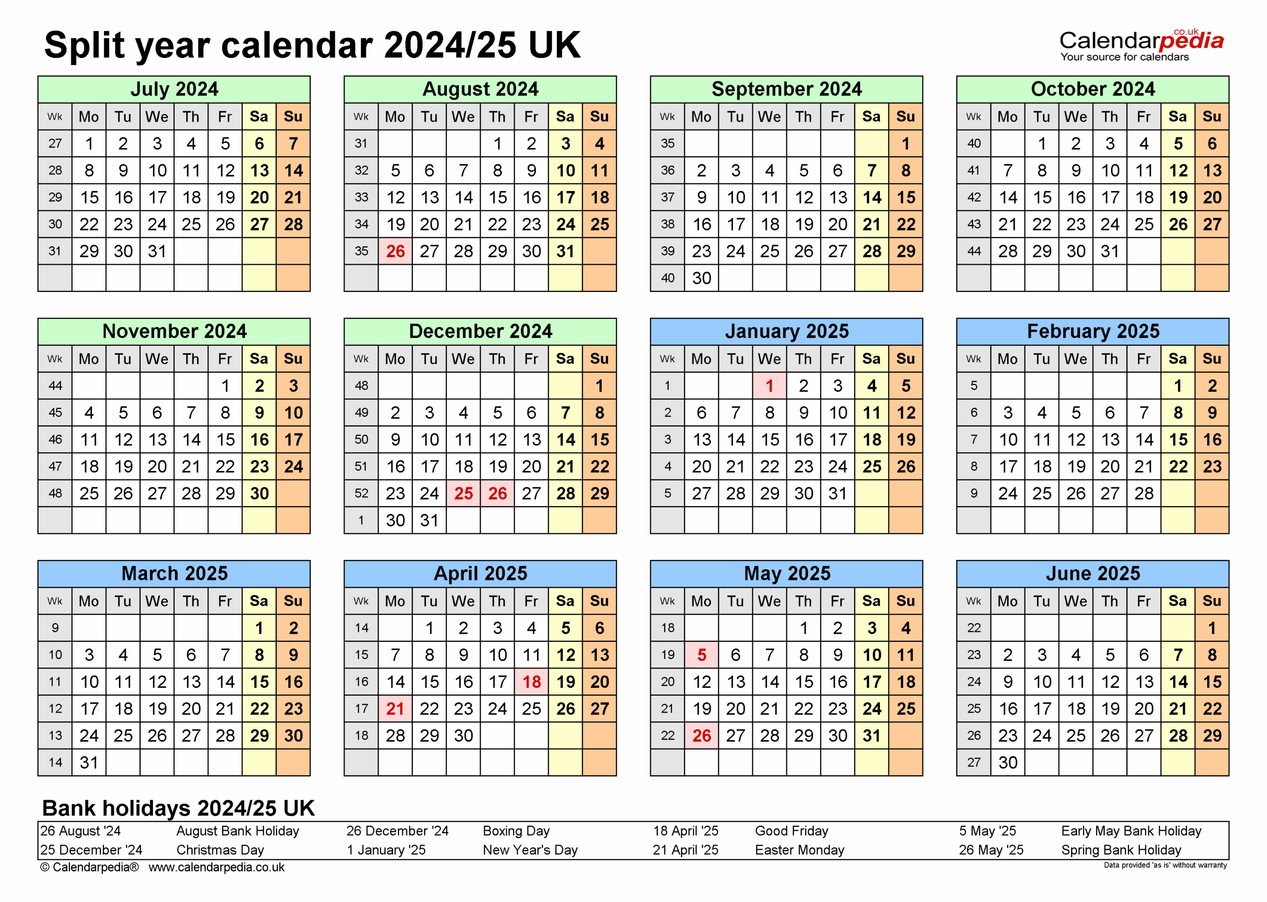 Split Year Calendars 2024 25 UK July To June For PDF