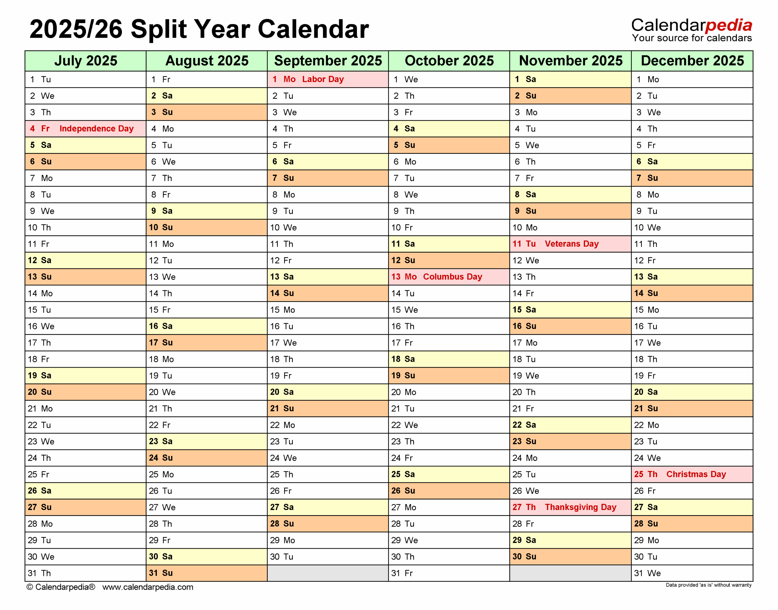 Split Year Calendars 2025 2026 July To June Excel Templates